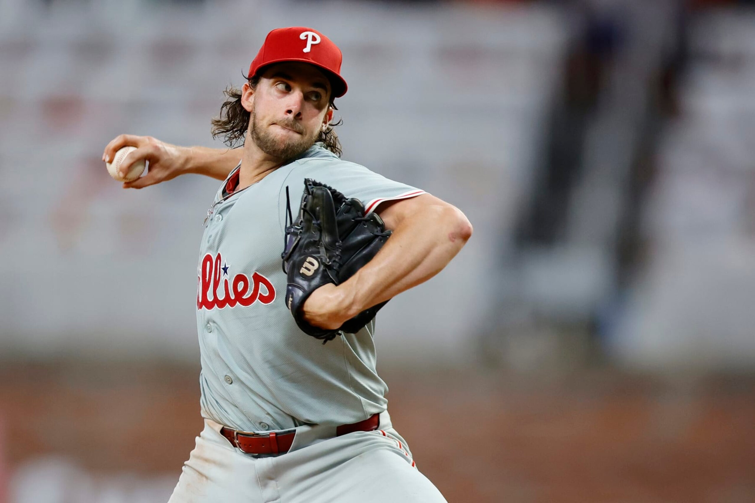 ATLANTA, GEORGIA - JULY 05: Aaron Nola #27 of the Philadelphia Phillies pitches during the sixth inning against the Atlanta Braves at Truist Park on July 05, 2024 in Atlanta, Georgia. (Photo by Alex Slitz/Getty Images)