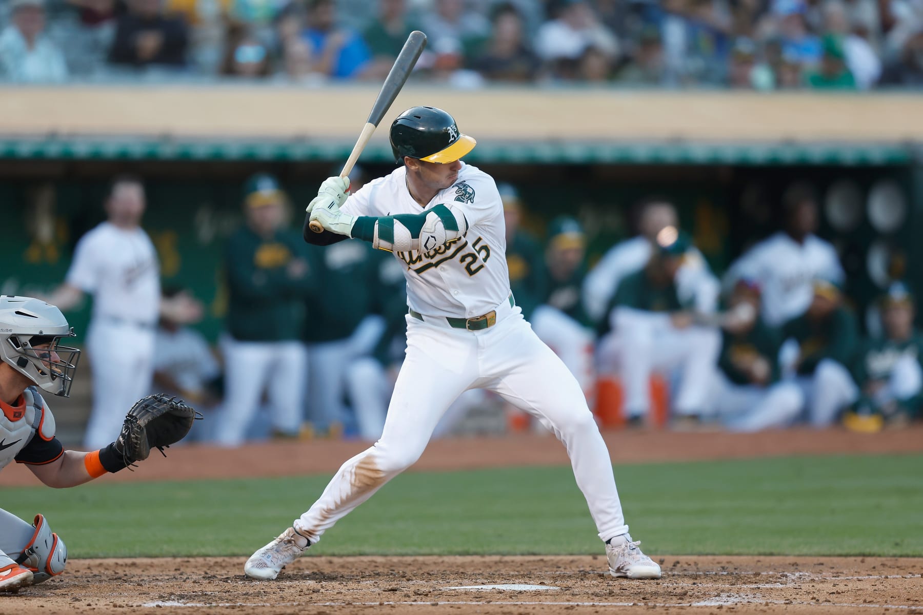 OAKLAND, CALIFORNIA - JULY 05: Brent Rooker #25 of the Oakland Athletics at bat against the Baltimore Orioles at Oakland Coliseum on July 05, 2024 in Oakland, California. (Photo by Lachlan Cunningham/Getty Images)