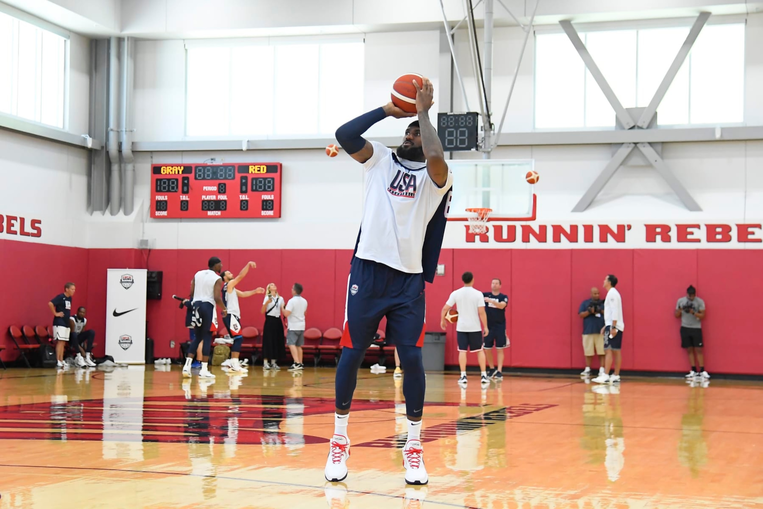 LAS VEGAS, NV - JULY 6: LeBron James #6 of the USA Basketball Men's Team shoots the ball during USAB Men's Training Camp in Las Vegas on July 06, 2024 in Las Vegas Nevada. NOTE TO USER: User expressly acknowledges and agrees that, by downloading and/or using this Photograph, user is consenting to the terms and conditions of the Getty Images License Agreement. Mandatory Copyright Notice: Copyright 2024 NBAE (Photo by Brian Babineau/NBAE via Getty Images)
