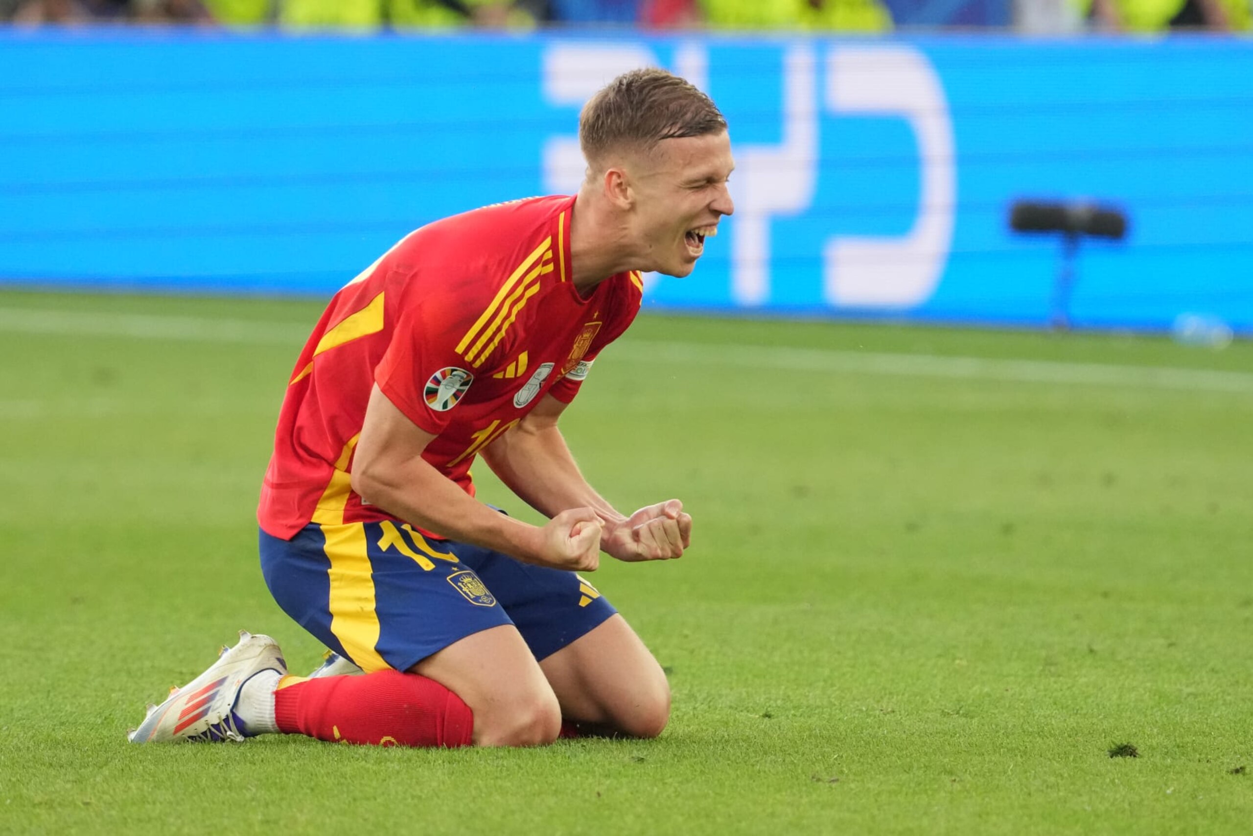 STUTTGART, GERMANY - JULY 05: Dani Olmo of Spain celebrates their second goal during the UEFA EURO 2024 quarter-final match between Spain and Germany at Stuttgart Arena on July 05, 2024 in Stuttgart, Germany. (Photo by Masashi Hara/Getty Images) STUTTGART, GERMANY - JULY 05: Dani Olmo of Spain celebrates their second goal during the UEFA EURO 2024 quarter-final match between Spain and Germany at Stuttgart Arena on July 05, 2024 in Stuttgart, Germany. (Photo by Masashi Hara/Getty Images)