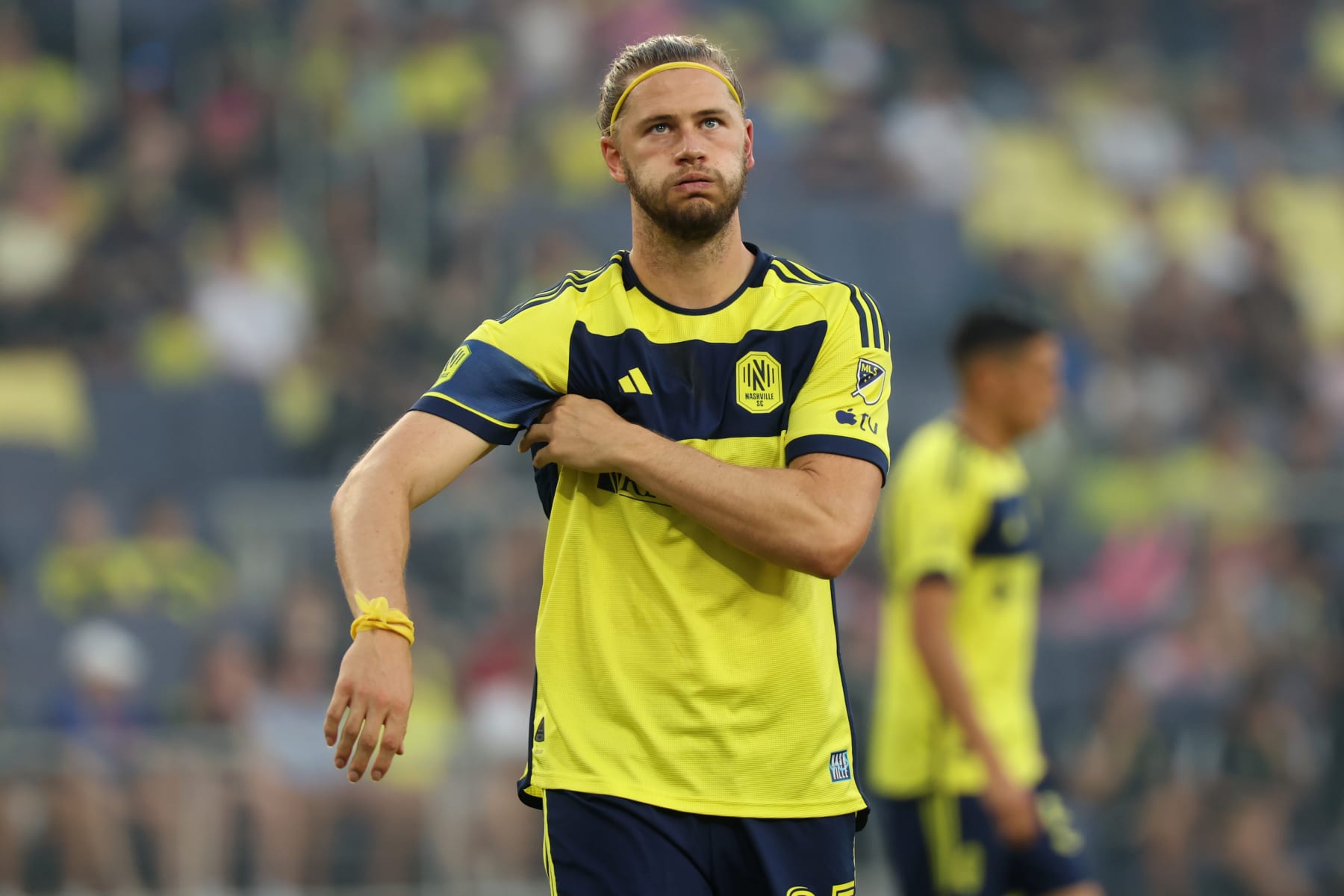 NASHVILLE, TENNESSEE - JUNE 29: Walker Zimmerman #25 of Nashville SC reacts after a play during the first half of the match against the Inter Miami at GEODIS Park on June 29, 2024 in Nashville, Tennessee. (Photo by Johnnie Izquierdo/Getty Images)