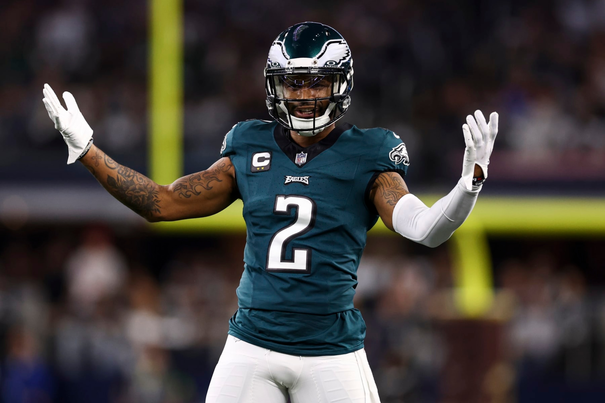 ARLINGTON, TX - DECEMBER 10: Darius Slay #2 of the Philadelphia Eagles reacts after a penalty during the first quarter against the Dallas Cowboys at AT&T Stadium on December 10, 2023 in Arlington, Texas. (Photo by Kevin Sabitus/Getty Images)