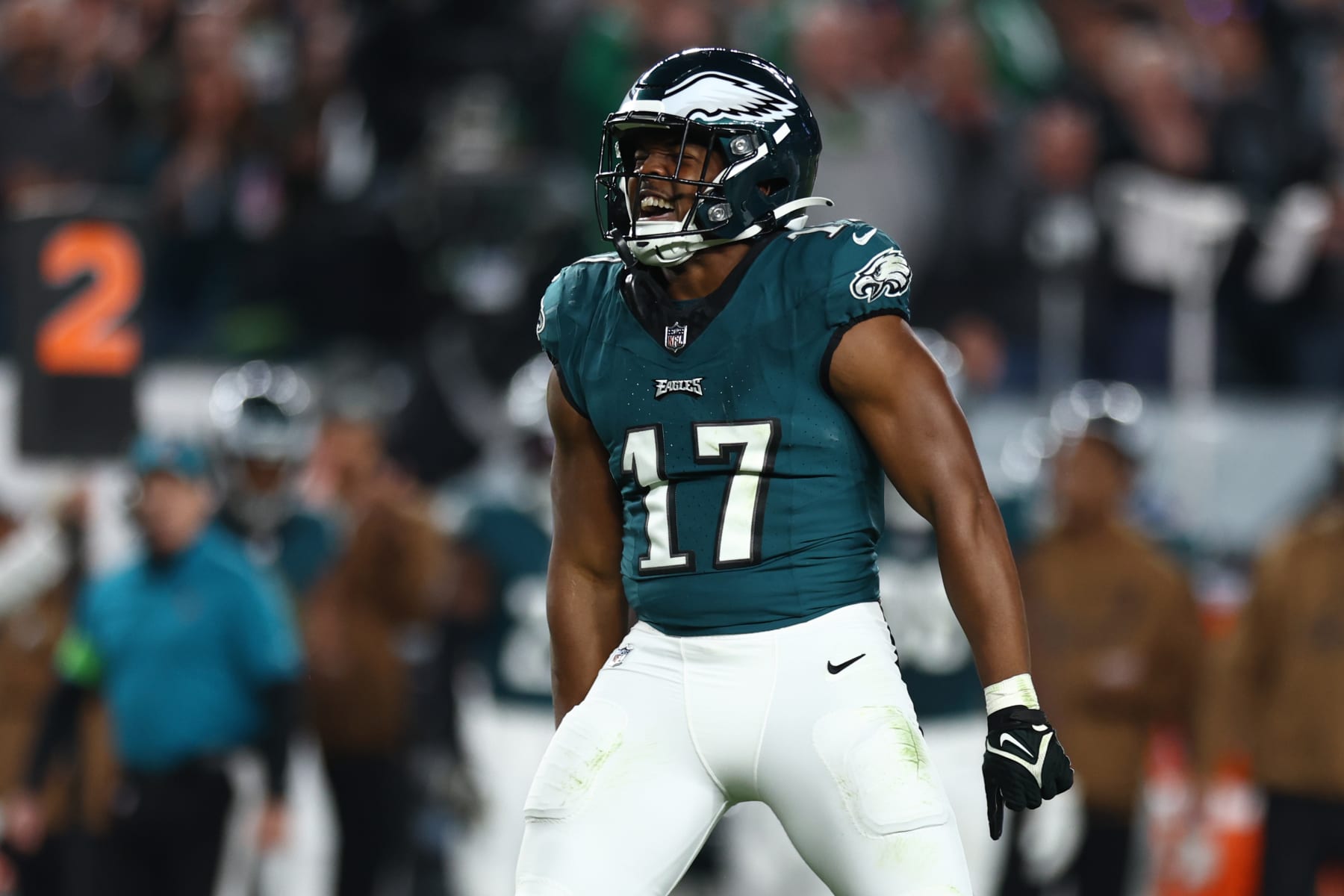 PHILADELPHIA, PENNSYLVANIA - NOVEMBER 05: Nakobe Dean #17 of the Philadelphia Eagles react after a sack during the second quarter in the game against the Dallas Cowboys at Lincoln Financial Field on November 05, 2023 in Philadelphia, Pennsylvania. (Photo by Tim Nwachukwu/Getty Images)