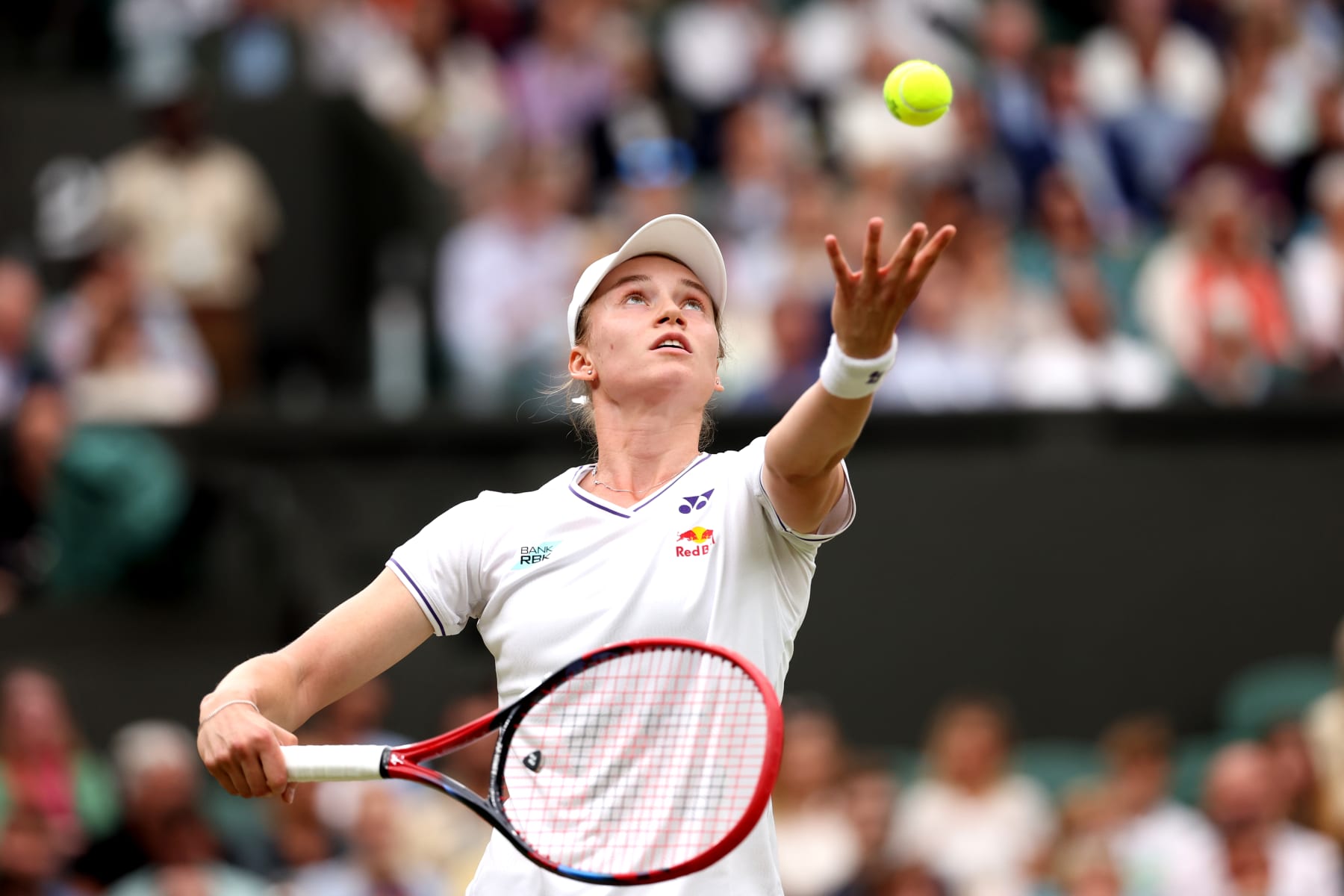 LONDON, ENGLAND - JULY 08: Elena Rybakina of Kazakhstan serves to Anna Kalinskaya in the Ladies' Singles fourth round match during day eight of The Championships Wimbledon 2024 at All England Lawn Tennis and Croquet Club on July 08, 2024 in London, England. (Photo by Julian Finney/Getty Images)