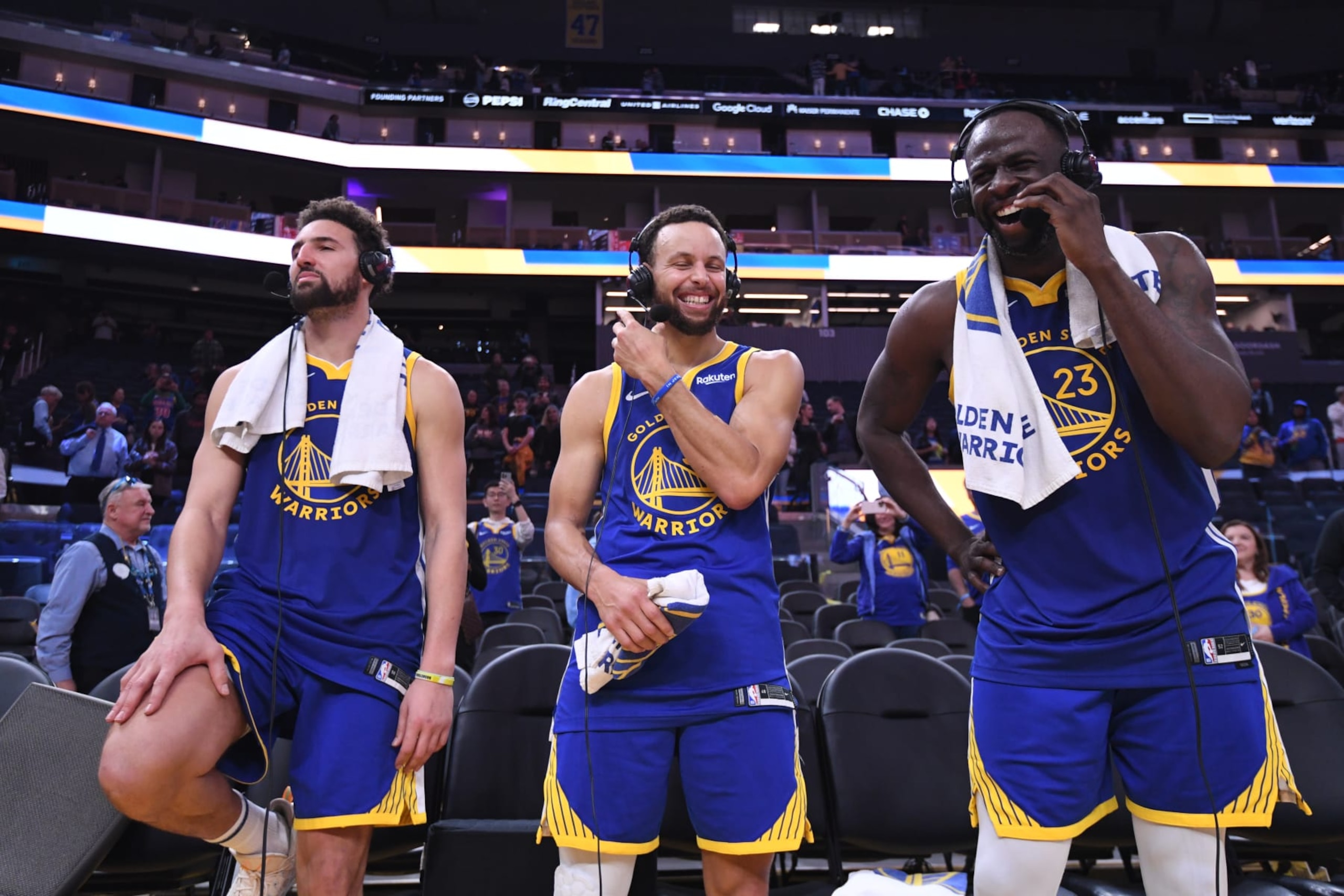 SAN FRANCISCO, CA - NOVEMBER 30:  Klay Thompson #11 of the Golden State Warriors, Stephen Curry #30 of the Golden State Warriors & Draymond Green #23 of the Golden State Warriors talks to the media after the game on November 30, 2023 at Chase Center in San Francisco, California. NOTE TO USER: User expressly acknowledges and agrees that, by downloading and or using this photograph, user is consenting to the terms and conditions of Getty Images License Agreement. Mandatory Copyright Notice: Copyright 2023 NBAE (Photo by Noah Graham/NBAE via Getty Images)