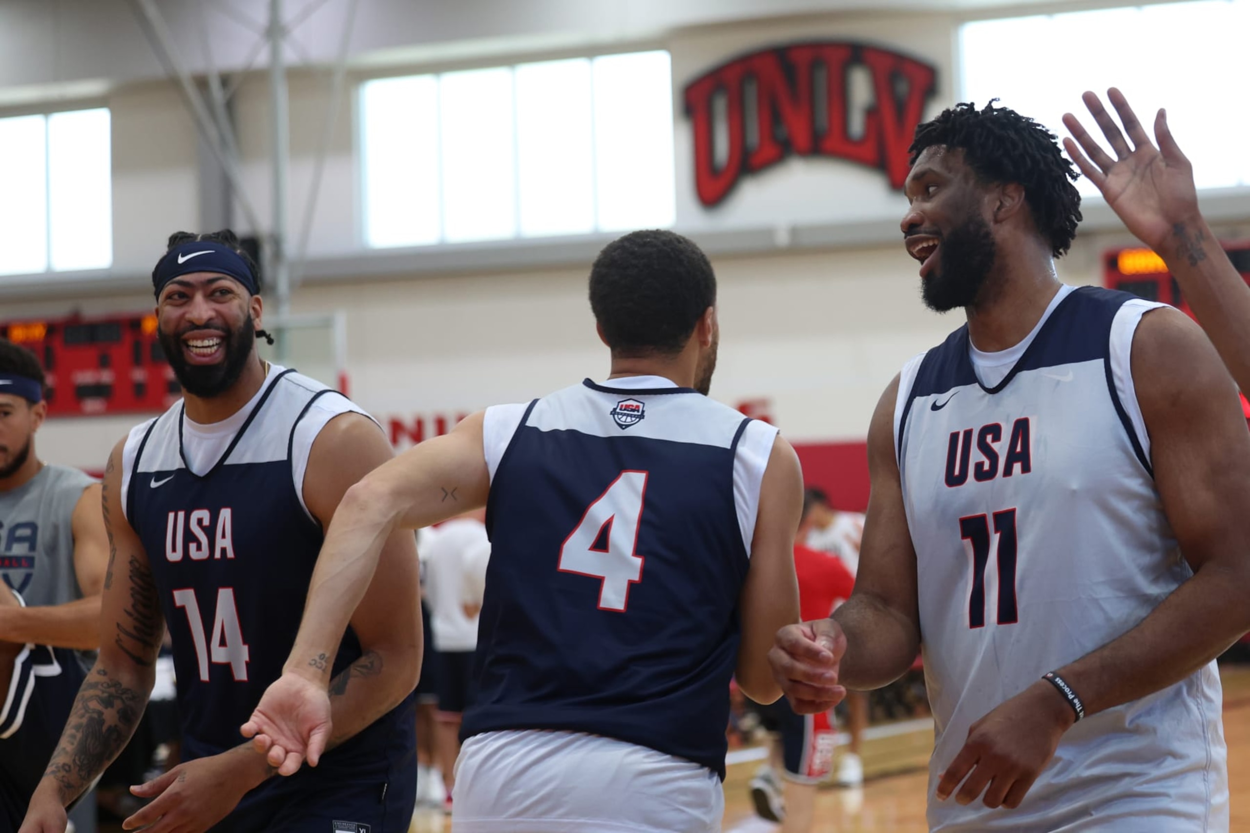 LAS VEGAS, NV - JULY 7: Anthony Davis #14 and Joel Embiid #11 of the USA Basketball Men's Team smile during USAB Men's Training Camp in Las Vegas on July 7, 2024 in Las Vegas Nevada. NOTE TO USER: User expressly acknowledges and agrees that, by downloading and/or using this Photograph, user is consenting to the terms and conditions of the Getty Images License Agreement. Mandatory Copyright Notice: Copyright 2024 NBAE (Photo by Mercedes Oliver/NBAE via Getty Images)