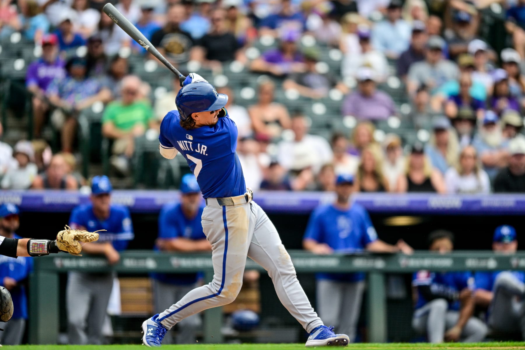 DENVER, COLORADO - JULY 7: Bobby Witt Jr. #7 of the Kansas City Royals hits a ninth inning three-run home run against the Colorado Rockies at Coors Field on July 7, 2024 in Denver, Colorado. (Photo by Dustin Bradford/Getty Images)