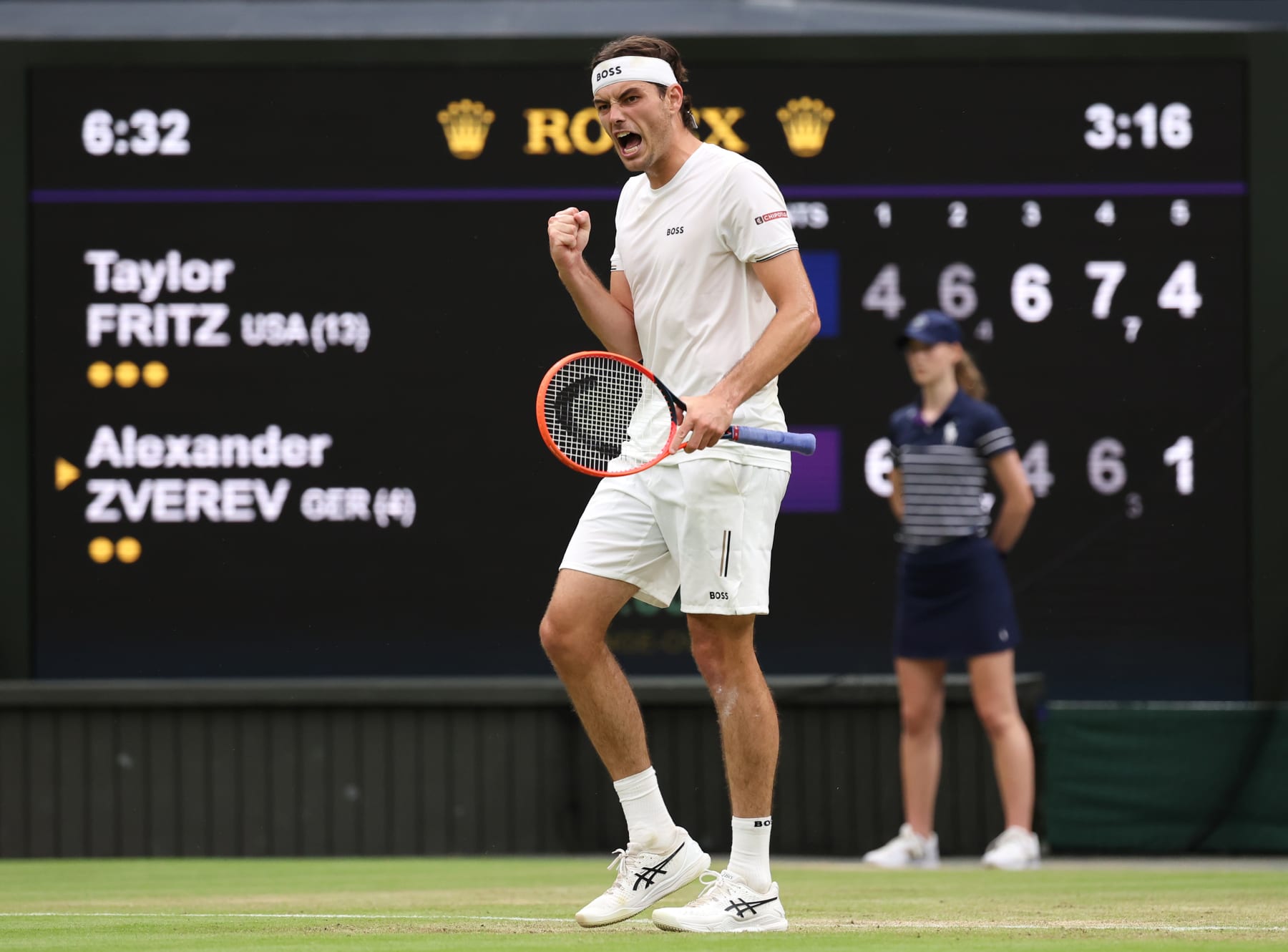 LONDON, ENGLAND - JULY 08: Taylor Fritz of United States celebrates against Alexander Zverev of Germany in the Gentlemen's Singles fourth round match during day eight of The Championships Wimbledon 2024 at All England Lawn Tennis and Croquet Club on July 08, 2024 in London, England. (Photo by Julian Finney/Getty Images)