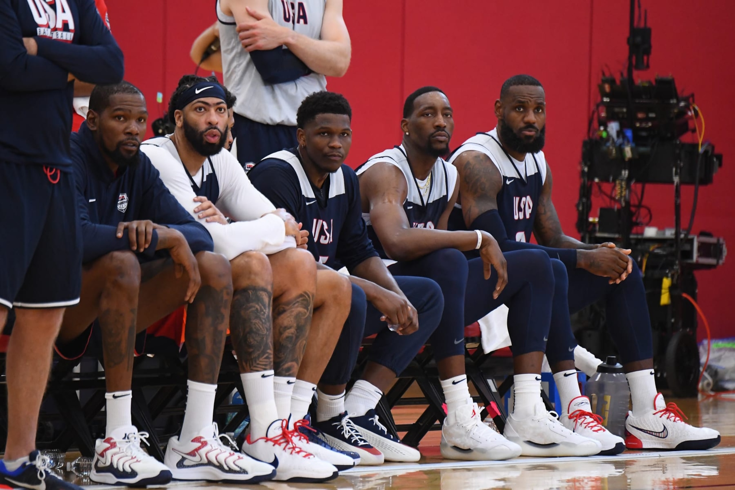 LAS VEGAS, NV - JULY 7: The USA Basketball Men's Team looks on during USAB Men's Training Camp in Las Vegas on July 7, 2024 in Las Vegas Nevada. NOTE TO USER: User expressly acknowledges and agrees that, by downloading and/or using this Photograph, user is consenting to the terms and conditions of the Getty Images License Agreement. Mandatory Copyright Notice: Copyright 2024 NBAE (Photo by Brian Babineau/NBAE via Getty Images)