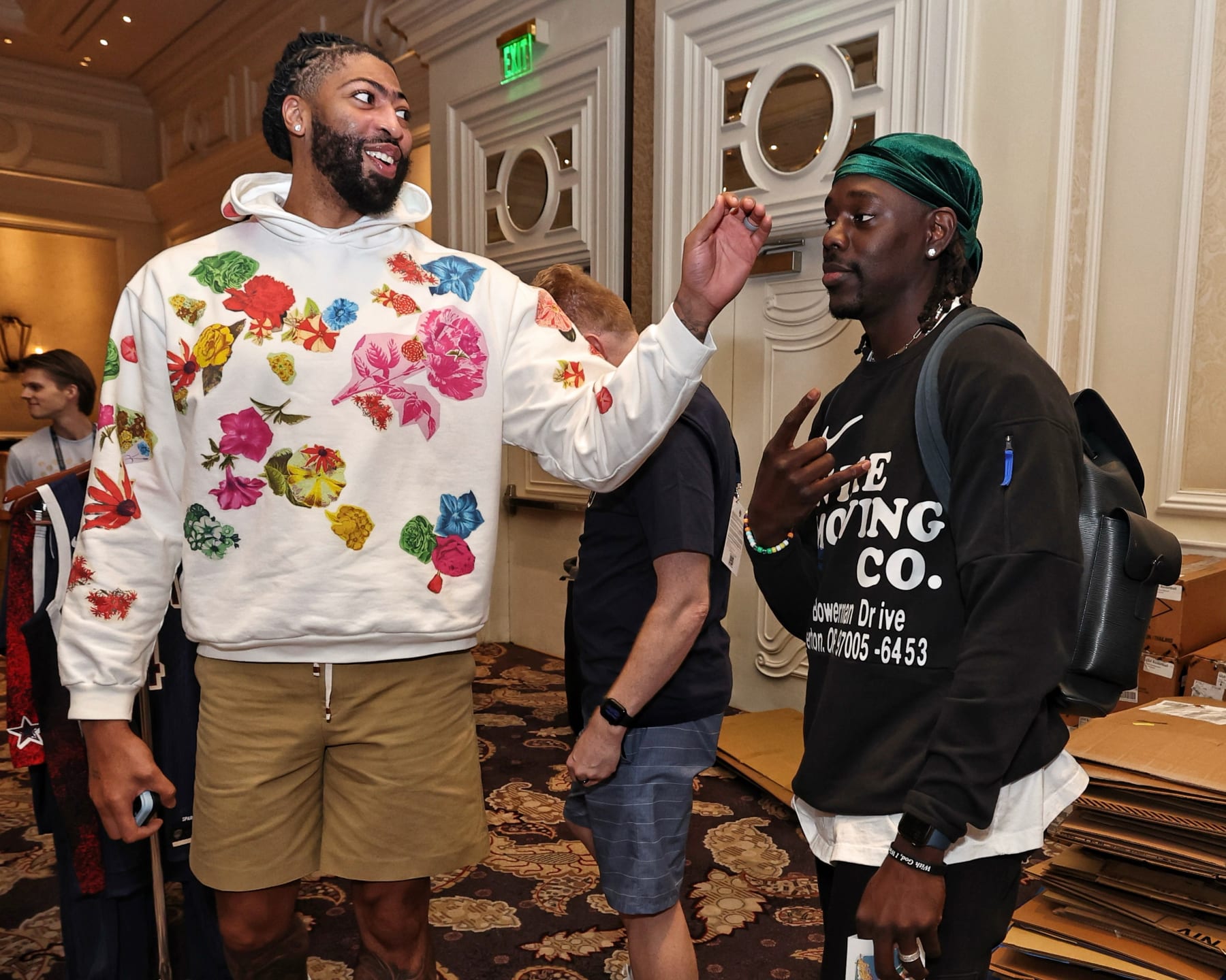 LAS VEGAS, NV - JULY 05: Jrue Holiday #12 and Anthony Davis #14 of the USA Men's National Team arrive to USAB Men's Training Camp in Las Vegas on July 05, 2024 in Las Vegas Nevada. NOTE TO USER: User expressly acknowledges and agrees that, by downloading and/or using this Photograph, user is consenting to the terms and conditions of the Getty Images License Agreement. Mandatory Copyright Notice: Copyright 2024 NBAE (Photo by Jim Poorten/NBAE via Getty Images)