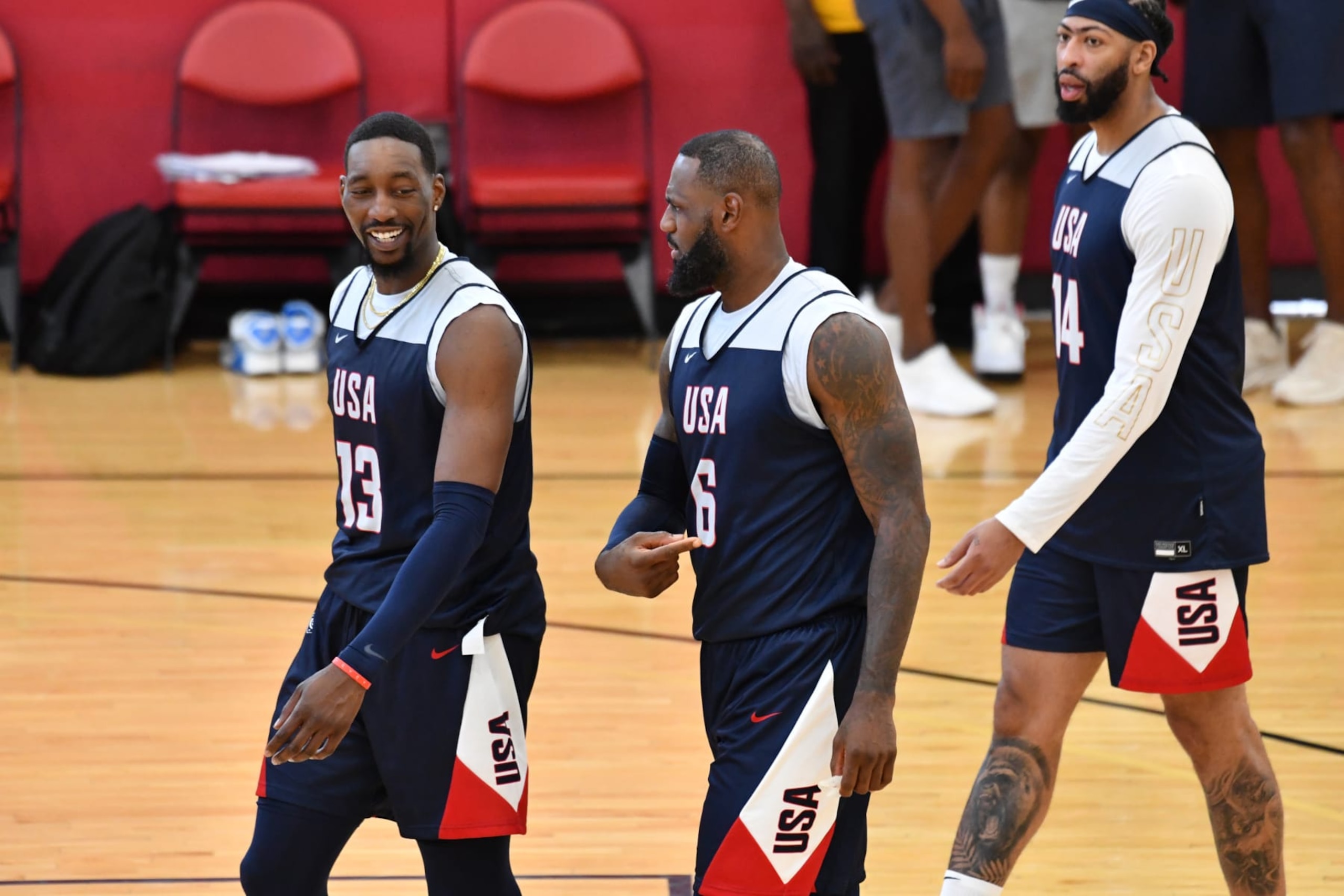 LAS VEGAS, NV - JULY 7: Bam Adebayo #13 and LeBron James #6 of the USA Basketball Men's Team smiles during USAB Men's Training Camp in Las Vegas on July 7, 2024 in Las Vegas Nevada. NOTE TO USER: User expressly acknowledges and agrees that, by downloading and/or using this Photograph, user is consenting to the terms and conditions of the Getty Images License Agreement. Mandatory Copyright Notice: Copyright 2024 NBAE (Photo by Juan Ocampo/NBAE via Getty Images) LAS VEGAS, NV - JULY 7: Bam Adebayo #13 and LeBron James #6 of the USA Basketball Men's Team smiles during USAB Men's Training Camp in Las Vegas on July 7, 2024 in Las Vegas Nevada. NOTE TO USER: User expressly acknowledges and agrees that, by downloading and/or using this Photograph, user is consenting to the terms and conditions of the Getty Images License Agreement. Mandatory Copyright Notice: Copyright 2024 NBAE (Photo by Juan Ocampo/NBAE via Getty Images)