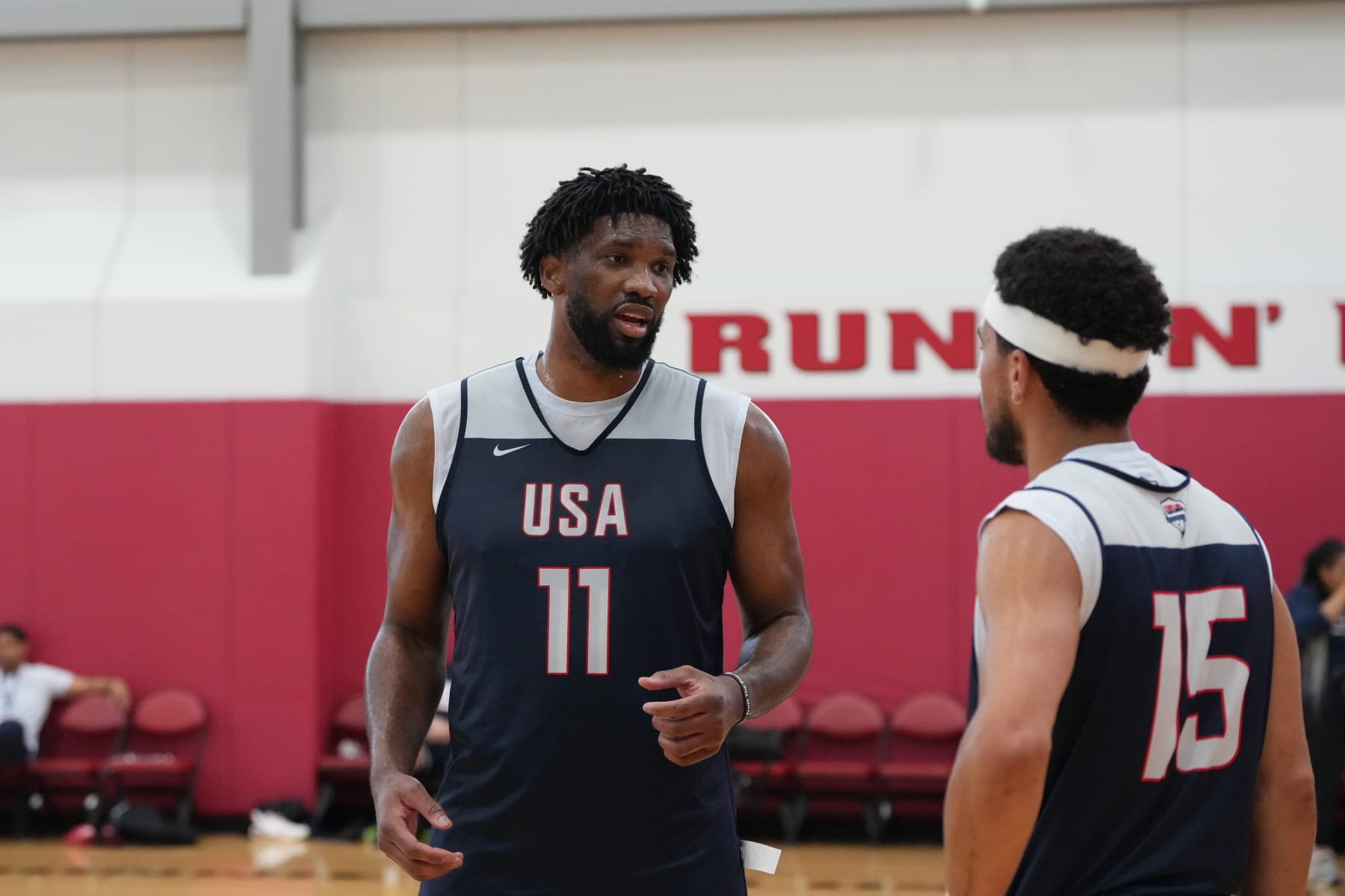 LAS VEGAS, NV - JULY 7: Joel Embiid #11 of the USA Basketball Men's Team talks during USAB Men's Training Camp in Las Vegas on July 7, 2024 in Las Vegas Nevada. NOTE TO USER: User expressly acknowledges and agrees that, by downloading and/or using this Photograph, user is consenting to the terms and conditions of the Getty Images License Agreement. Mandatory Copyright Notice: Copyright 2024 NBAE (Photo by Joe Amati/NBAE via Getty Images)