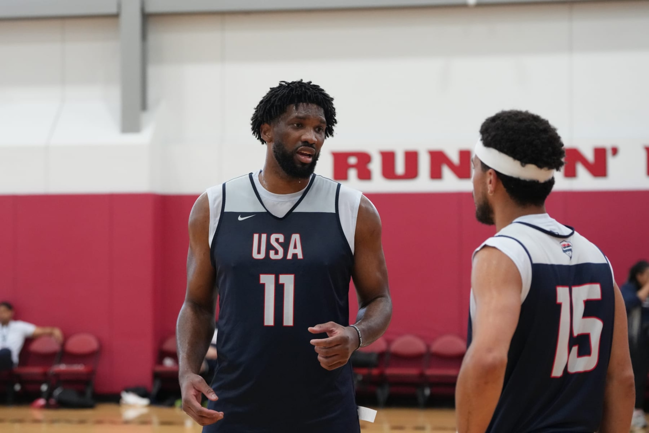 LAS VEGAS, NV - JULY 7: Joel Embiid #11 of the USA Basketball Men's Team talks during USAB Men's Training Camp in Las Vegas on July 7, 2024 in Las Vegas Nevada. NOTE TO USER: User expressly acknowledges and agrees that, by downloading and/or using this Photograph, user is consenting to the terms and conditions of the Getty Images License Agreement. Mandatory Copyright Notice: Copyright 2024 NBAE (Photo by Joe Amati/NBAE via Getty Images)