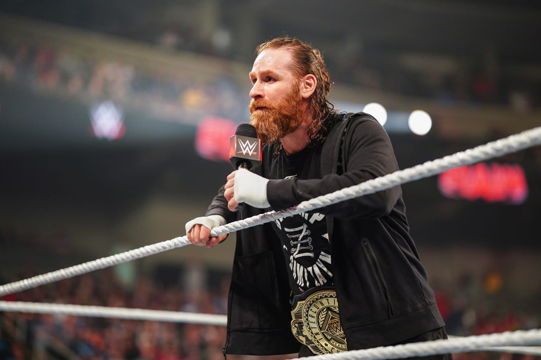TOLEDO, OHIO - JUNE 10: Sami Zayn speaks during Monday Night RAW at Huntington Center on June 10, 2024 in Toledo, Ohio.  (Photo by WWE/Getty Images)