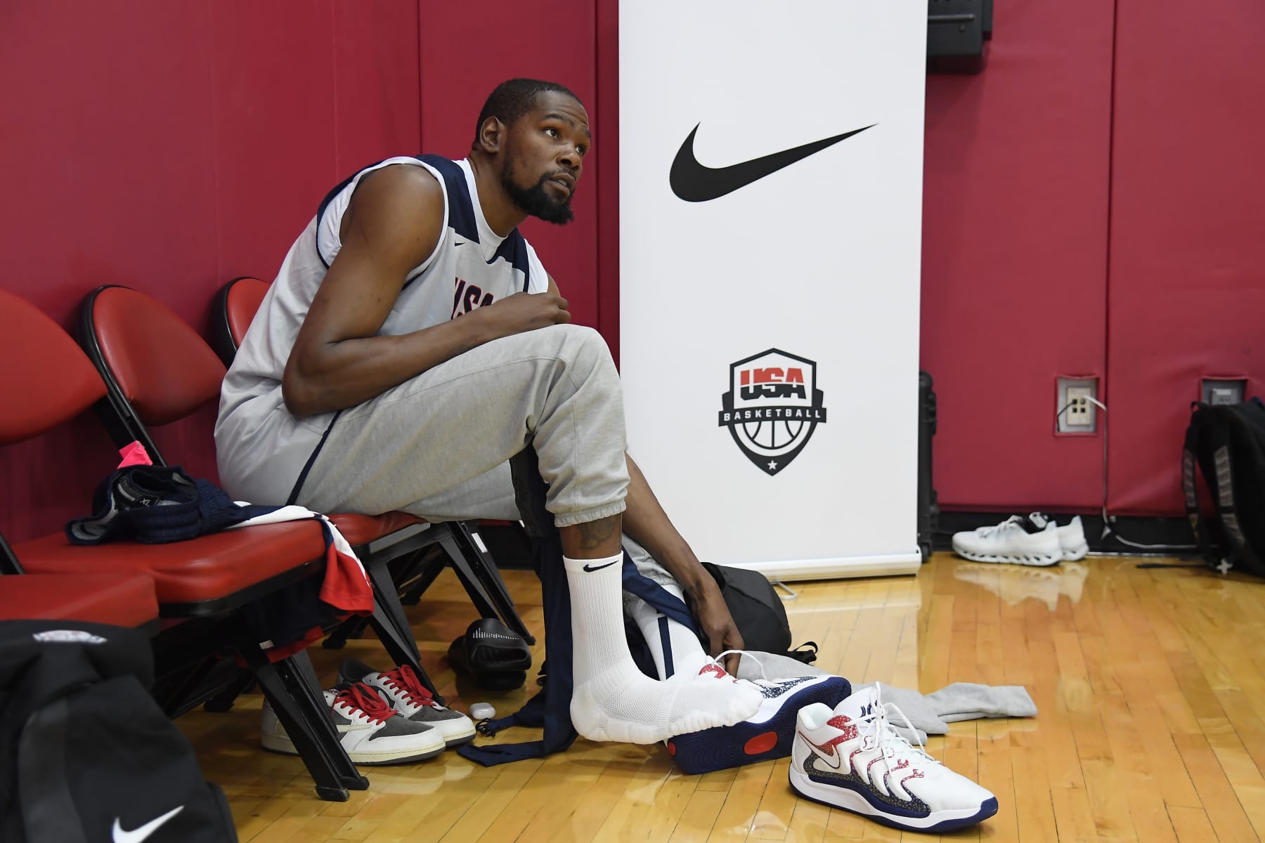 LAS VEGAS, NV - JULY 6: Kevin Durant #7 of the USA Basketball Men's Team looks on during USAB Men's Training Camp in Las Vegas on July 06, 2024 in Las Vegas Nevada. NOTE TO USER: User expressly acknowledges and agrees that, by downloading and/or using this Photograph, user is consenting to the terms and conditions of the Getty Images License Agreement. Mandatory Copyright Notice: Copyright 2024 NBAE (Photo by Brian Babineau/NBAE via Getty Images)