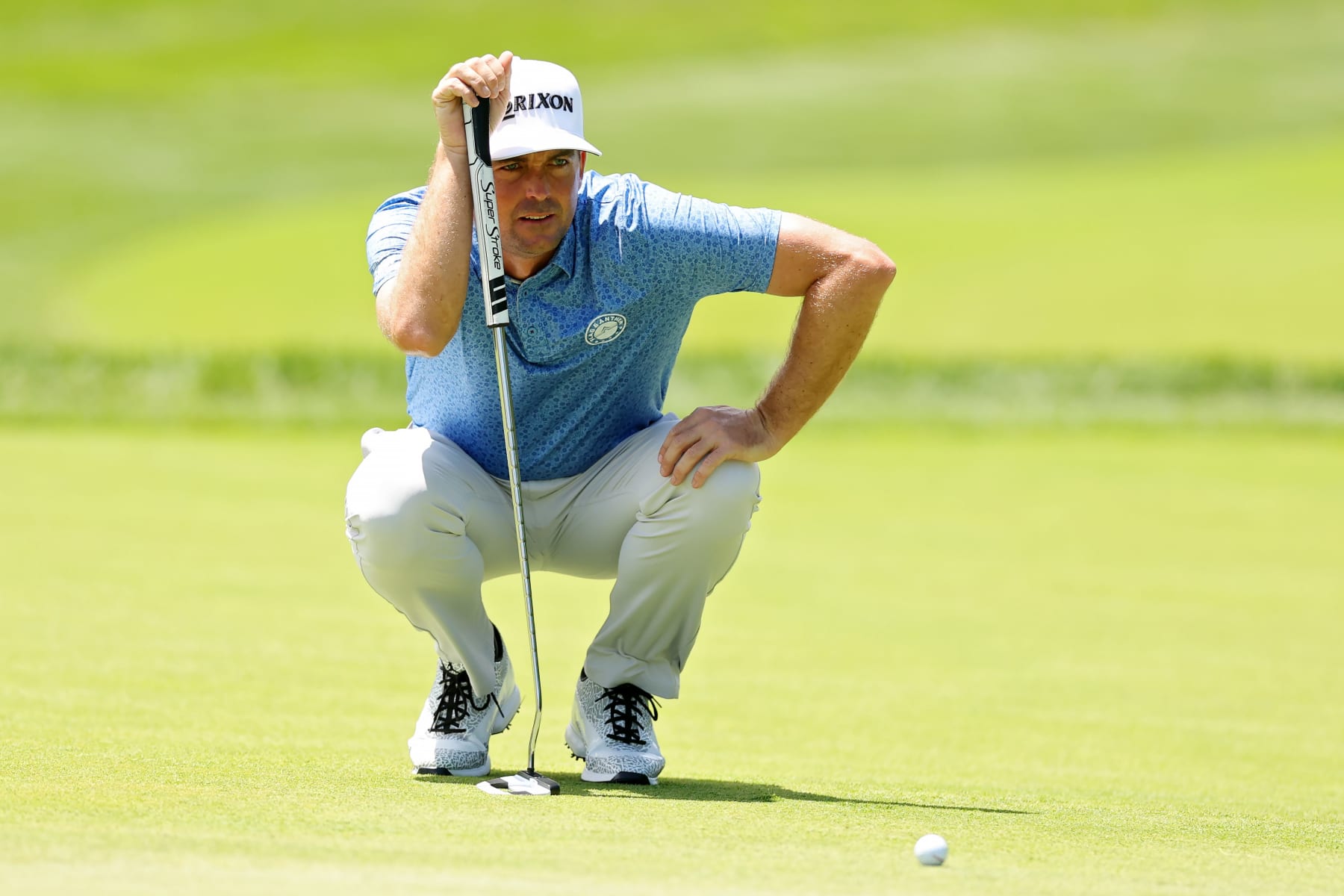 DUBLIN, OHIO - JUNE 08: Keegan Bradley of the United States lines up a putt on the first green during the third round of the Memorial Tournament presented by Workday at Muirfield Village Golf Club on June 08, 2024 in Dublin, Ohio. (Photo by Michael Reaves/Getty Images)