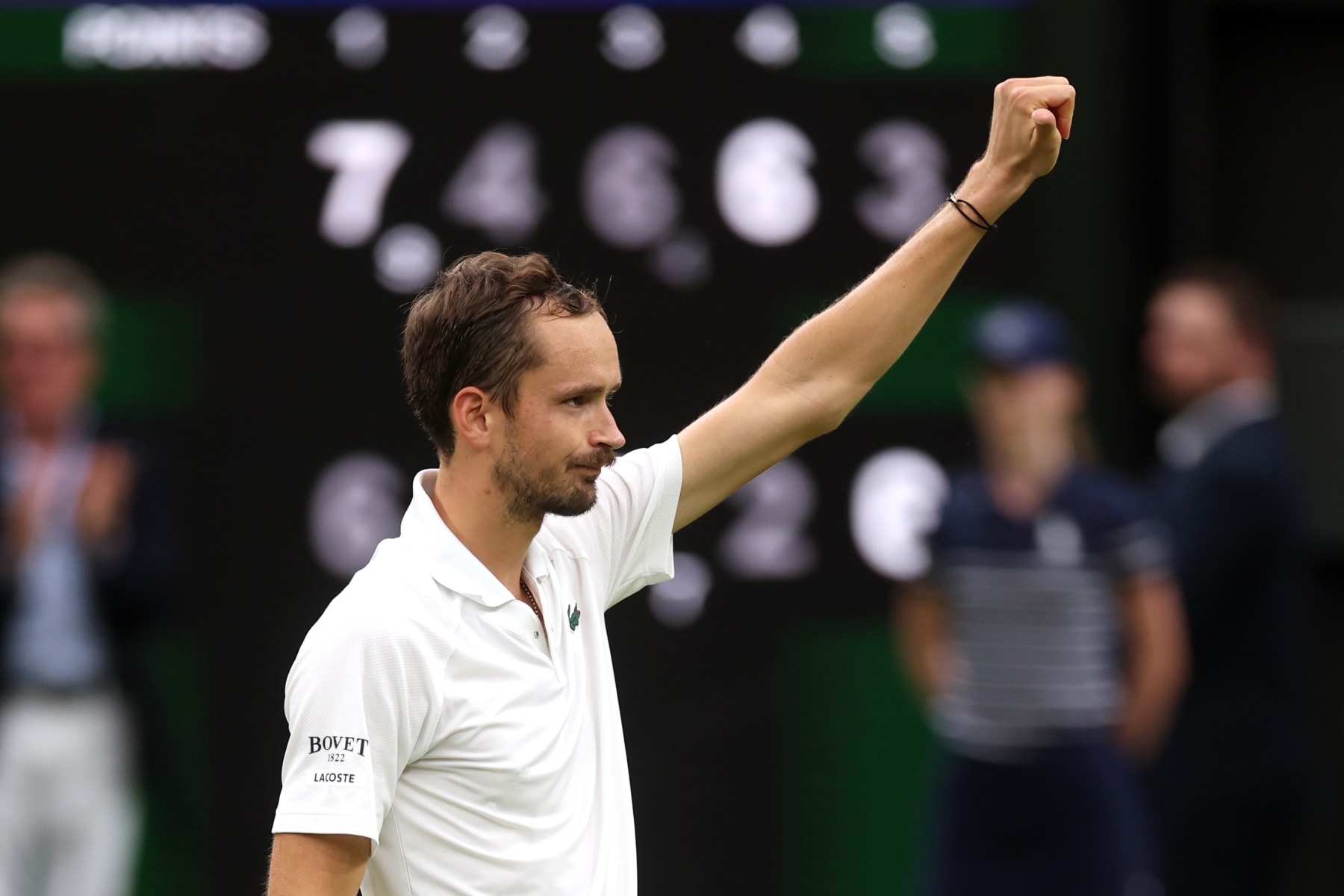 LONDON, ENGLAND - JULY 09: Daniil Medvedev celebrates winning match point against Jannik Sinner of Italy in the Gentlemen's Singles Quarter Final match during day nine of The Championships Wimbledon 2024 at All England Lawn Tennis and Croquet Club on July 09, 2024 in London, England. (Photo by Sean M. Haffey/Getty Images)