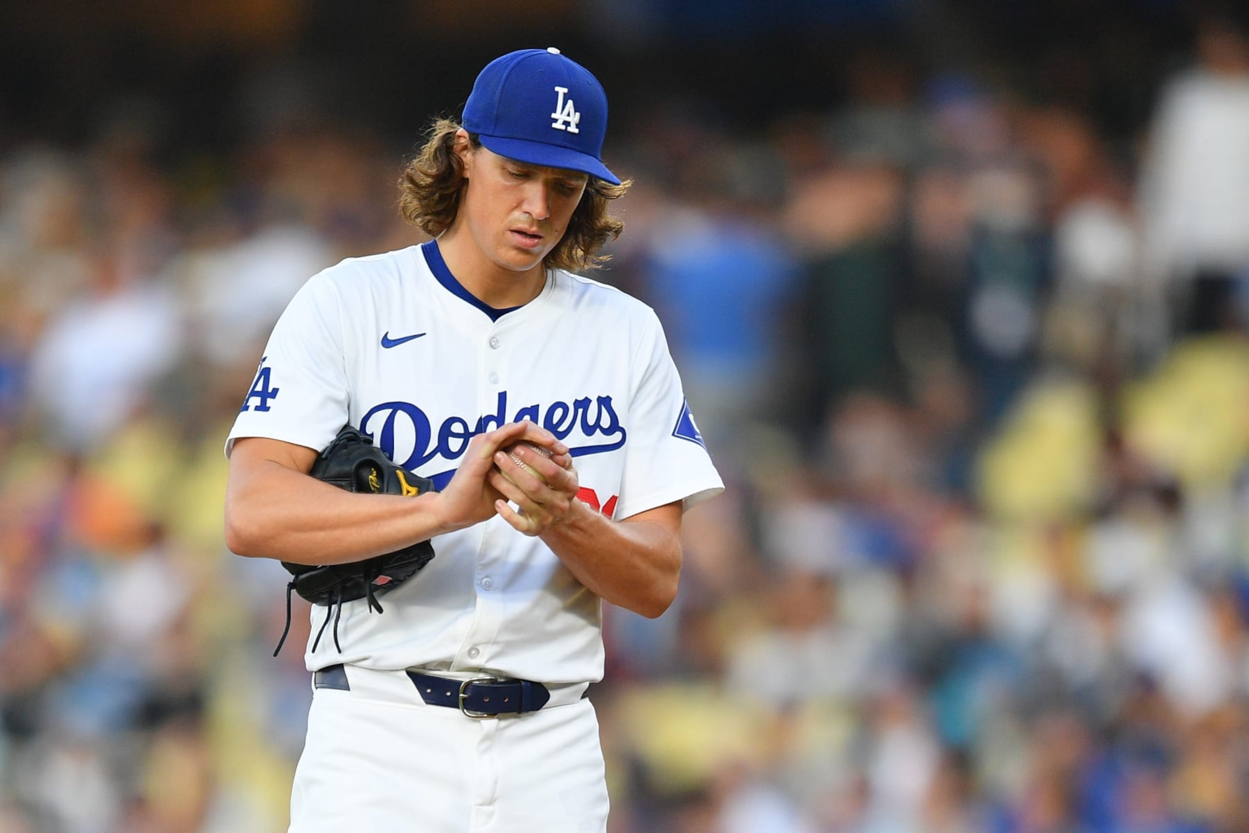 LOS ANGELES, CA - JULY 05: Los Angeles Dodgers pitcher Tyler Glasnow (31) looks on during the MLB game between the Milwaukee Brewers and the Los Angeles Dodgers on July 5, 2024 at Dodger Stadium in Los Angeles, CA. (Photo by Brian Rothmuller/Icon Sportswire via Getty Images)
