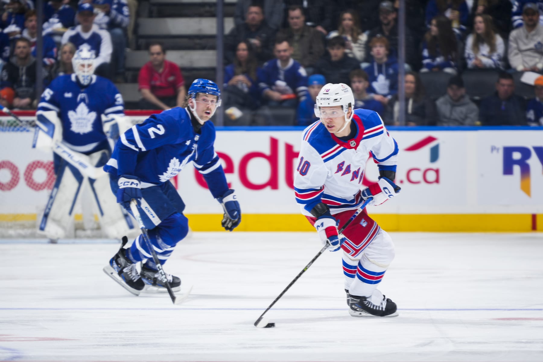 TORONTO, ON - MARCH 2: Artemi Panarin #10 of the New York Rangers plays the puck against the Toronto Maple Leafs during the first period at Scotiabank Arena on March 2, 2024 in Toronto, Ontario, Canada. (Photo by Mark Blinch/NHLI via Getty Images)