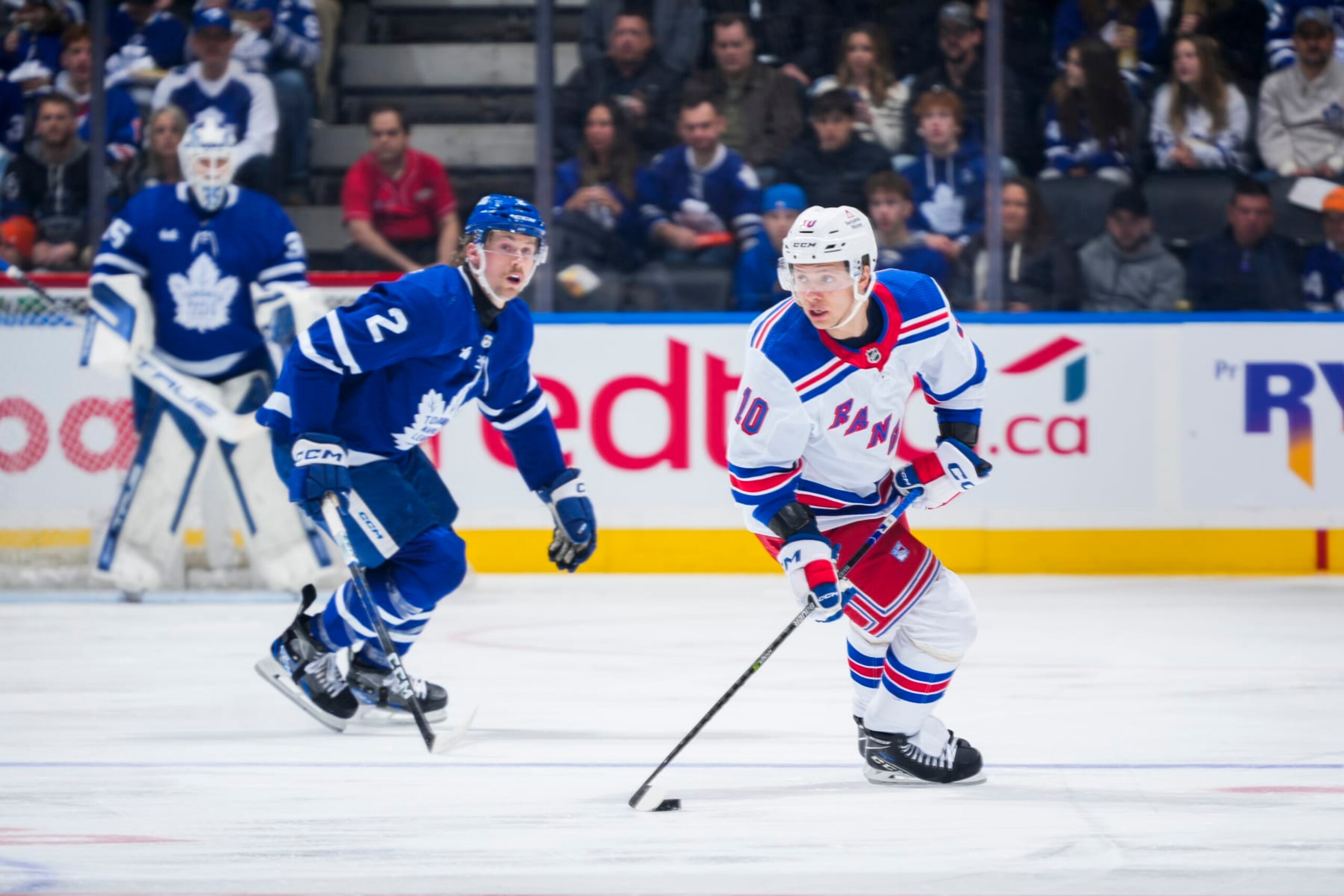 TORONTO, ON - MARCH 2: Artemi Panarin #10 of the New York Rangers plays the puck against the Toronto Maple Leafs during the first period at Scotiabank Arena on March 2, 2024 in Toronto, Ontario, Canada. (Photo by Mark Blinch/NHLI via Getty Images)