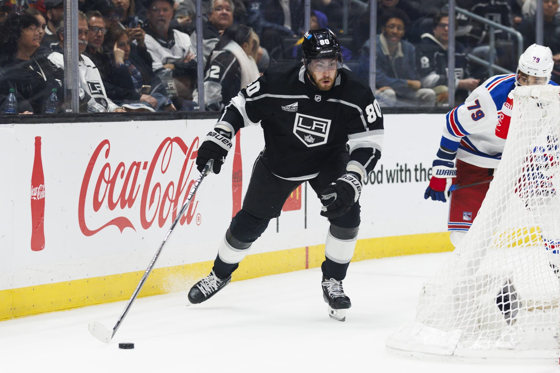 LOS ANGELES, CA - JANUARY 20: Los Angeles Kings center Pierre-Luc Dubois (80) skates with the puck during an NHL hockey game against the New York Rangers on January 20, 2024 at Crypto.com Arena in Los Angeles, CA. (Photo by Ric Tapia/Icon Sportswire via Getty Images)
