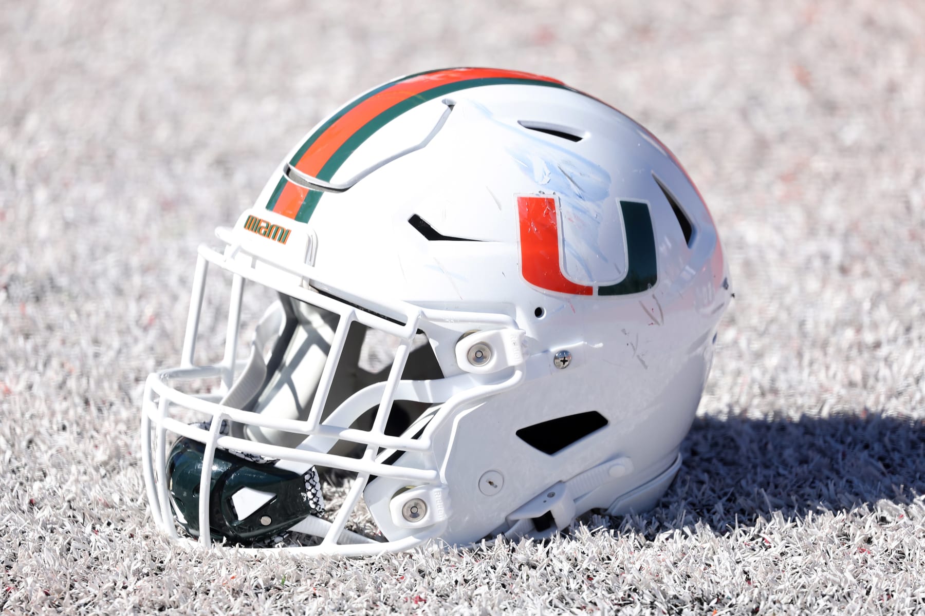 MOBILE, AL - JANUARY 31: A general view of a Miami Hurricanes helmet during the American Team practice for the Reese's Senior Bowl on January 31, 2024 at Hancock Whitney Stadium in Mobile, Alabama.  (Photo by Michael Wade/Icon Sportswire via Getty Images)