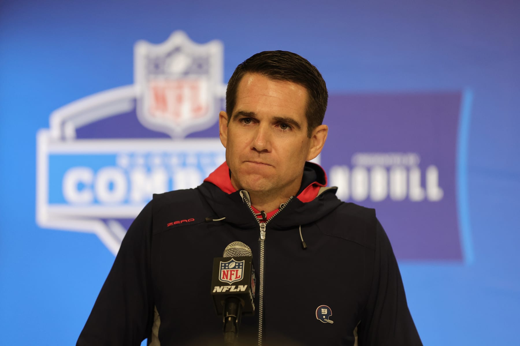 INDIANAPOLIS, INDIANA - FEBRUARY 27: General manager Joe Schoen of the New York Giant speaks to the media during the NFL Combine at the Indiana Convention Center on February 27, 2024 in Indianapolis, Indiana. (Photo by Stacy Revere/Getty Images)