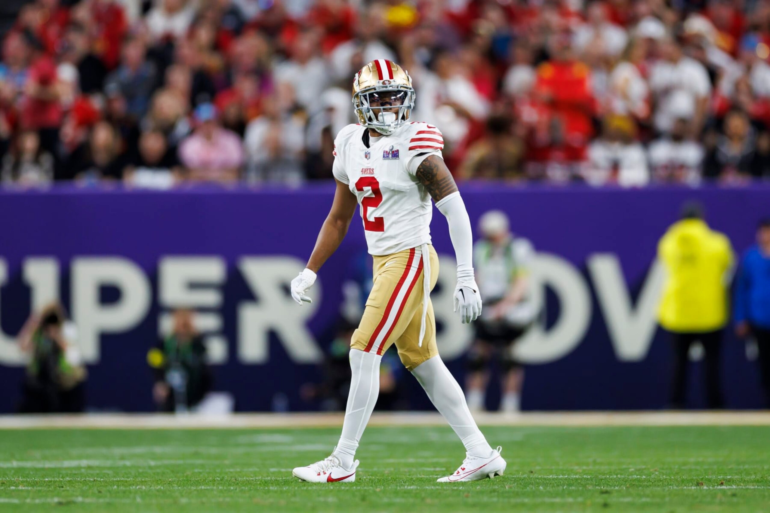 LAS VEGAS, NEVADA - FEBRUARY 11: Deommodore Lenoir #2 of the San Francisco 49ers defends in coverage during Super Bowl LVIII against the Kansas City Chiefs at Allegiant Stadium on February 11, 2024 in Las Vegas, Nevada. (Photo by Ryan Kang/Getty Images)