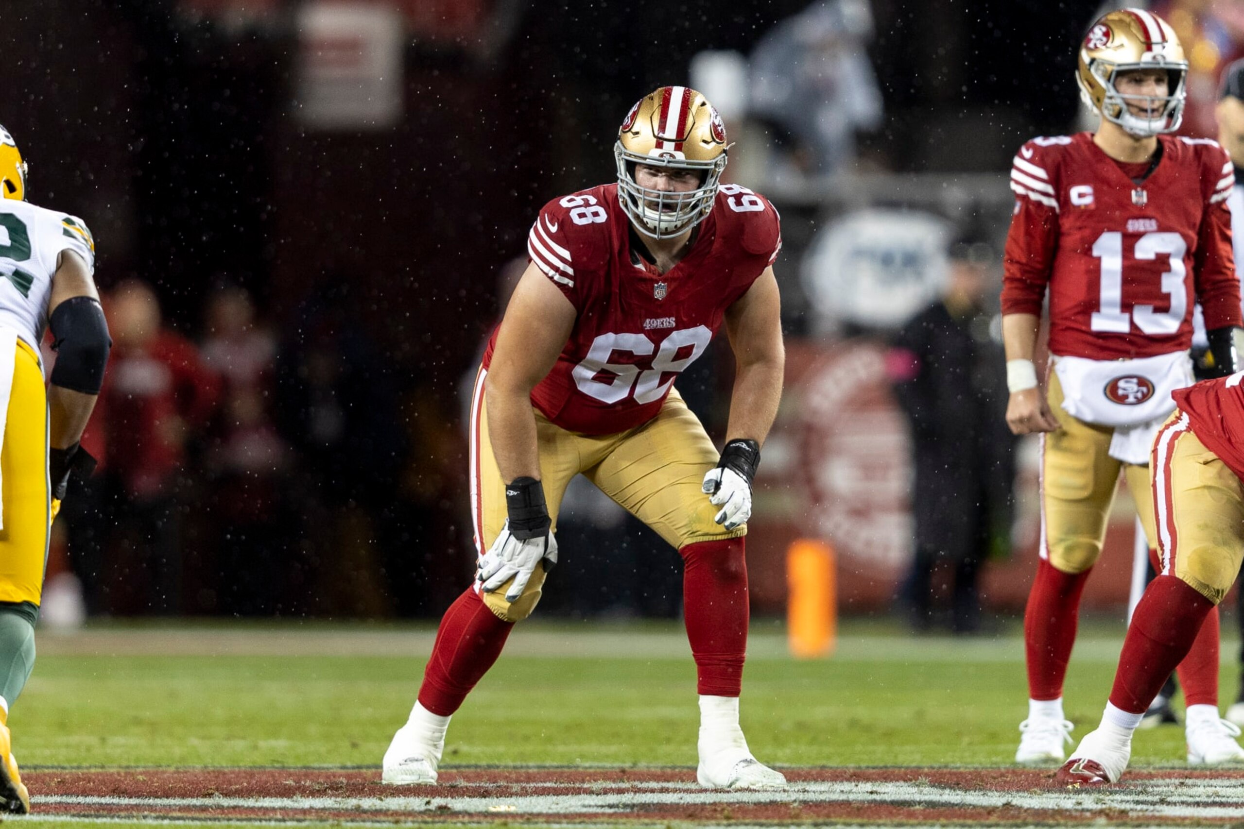 SANTA CLARA, CALIFORNIA - JANUARY 20: Colton McKivitz #68 of the San Francisco 49ers lines up during an NFL divisional round playoff football game between the San Francisco 49ers and the Green Bay Packers at Levi's Stadium on January 20, 2024 in Santa Clara, California. (Photo by Michael Owens/Getty Images)