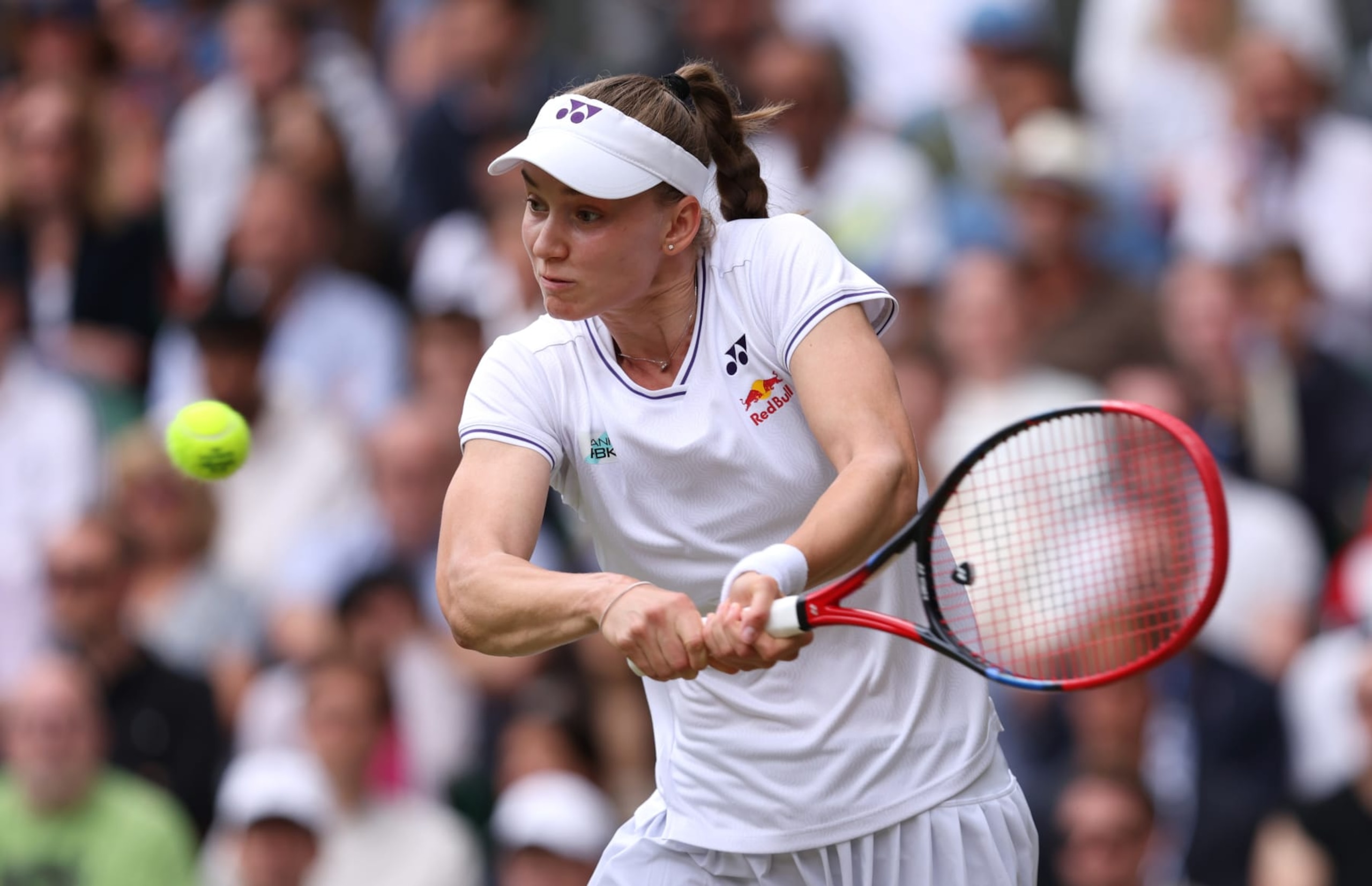 LONDON, ENGLAND - JULY 10: Elena Rybakina of Kazakhstan plays a backhand against Elina Svitolina of Ukraine in the Ladies' Singles Quarter Final match during day ten of The Championships Wimbledon 2024 at All England Lawn Tennis and Croquet Club on July 10, 2024 in London, England. (Photo by Clive Brunskill/Getty Images)