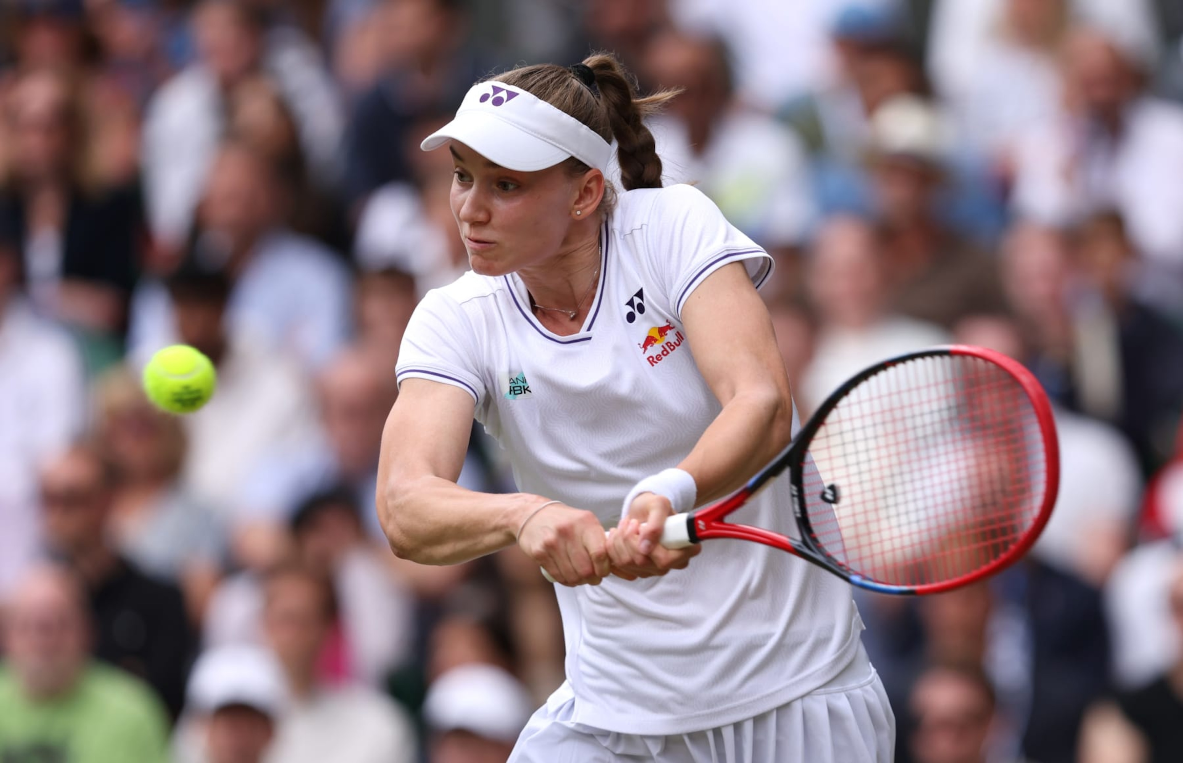 LONDON, ENGLAND - JULY 10: Elena Rybakina of Kazakhstan plays a backhand against Elina Svitolina of Ukraine in the Ladies' Singles Quarter Final match during day ten of The Championships Wimbledon 2024 at All England Lawn Tennis and Croquet Club on July 10, 2024 in London, England. (Photo by Clive Brunskill/Getty Images)