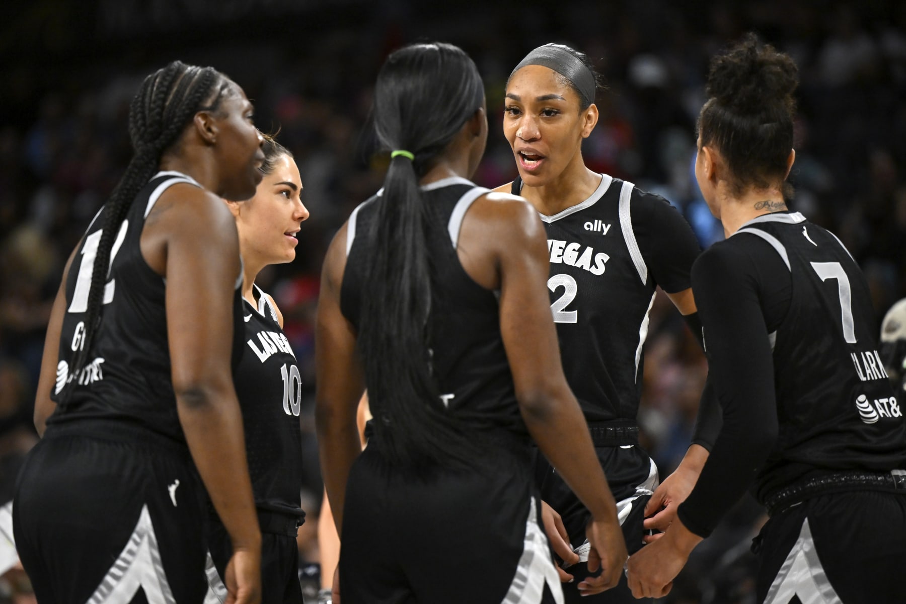 LAS VEGAS, NV - JULY 7: A'ja Wilson #22 of the Las Vegas Aces looks on in the huddle during the game against the Dallas Wings on July 7, 2024 at Michelob Ultra Arena in Las Vegas, Nevada. NOTE TO USER: User expressly acknowledges and agrees that, by downloading and or using this Photograph, user is consenting to the terms and conditions of the Getty Images License Agreement. Mandatory Copyright Notice: Copyright 2024 NBAE (Photo by David Becker/NBAE via Getty Images)