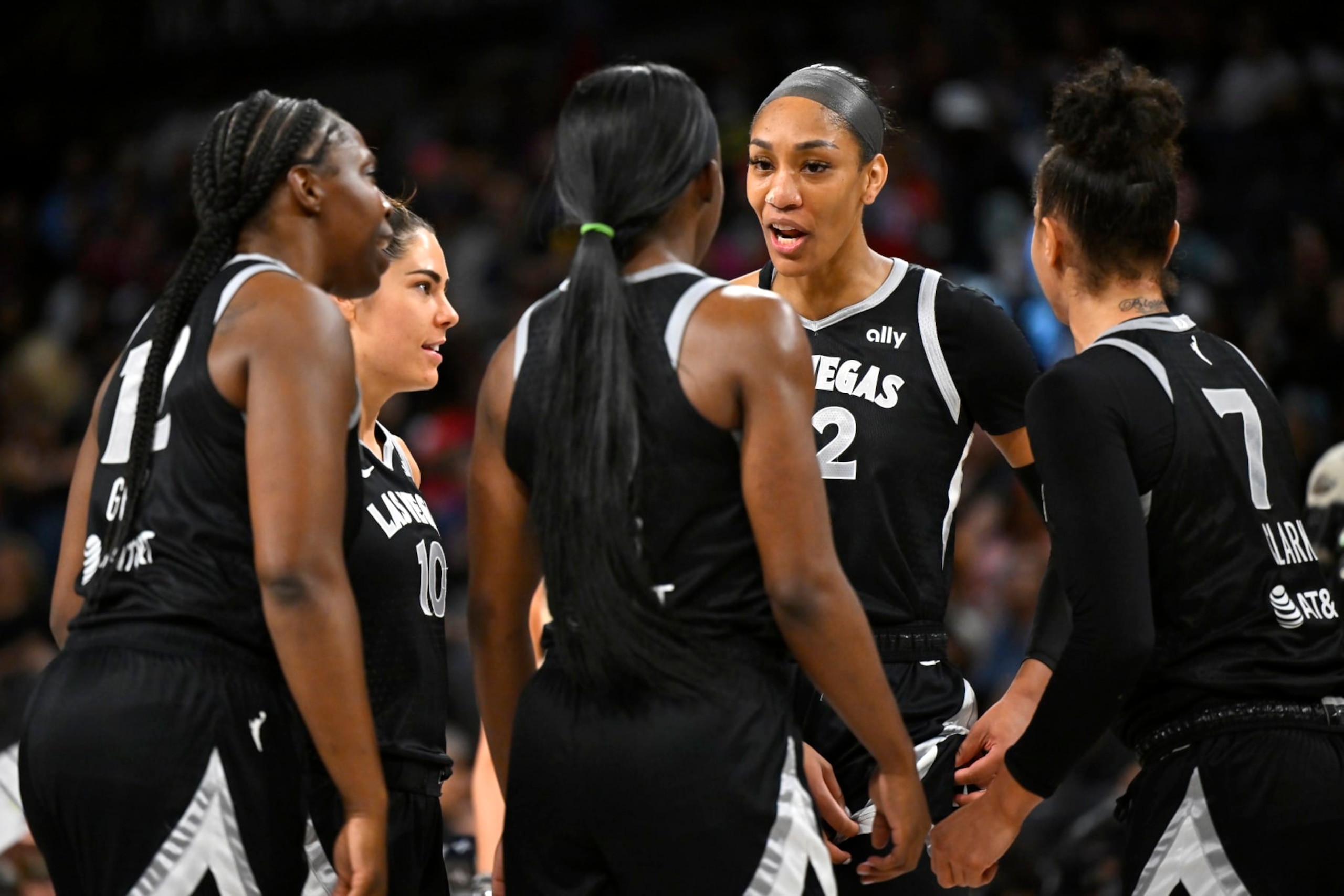 LAS VEGAS, NV - JULY 7: A'ja Wilson #22 of the Las Vegas Aces looks on in the huddle during the game against the Dallas Wings on July 7, 2024 at Michelob Ultra Arena in Las Vegas, Nevada. NOTE TO USER: User expressly acknowledges and agrees that, by downloading and or using this Photograph, user is consenting to the terms and conditions of the Getty Images License Agreement. Mandatory Copyright Notice: Copyright 2024 NBAE (Photo by David Becker/NBAE via Getty Images) LAS VEGAS, NV - JULY 7: A'ja Wilson #22 of the Las Vegas Aces looks on in the huddle during the game against the Dallas Wings on July 7, 2024 at Michelob Ultra Arena in Las Vegas, Nevada. NOTE TO USER: User expressly acknowledges and agrees that, by downloading and or using this Photograph, user is consenting to the terms and conditions of the Getty Images License Agreement. Mandatory Copyright Notice: Copyright 2024 NBAE (Photo by David Becker/NBAE via Getty Images)