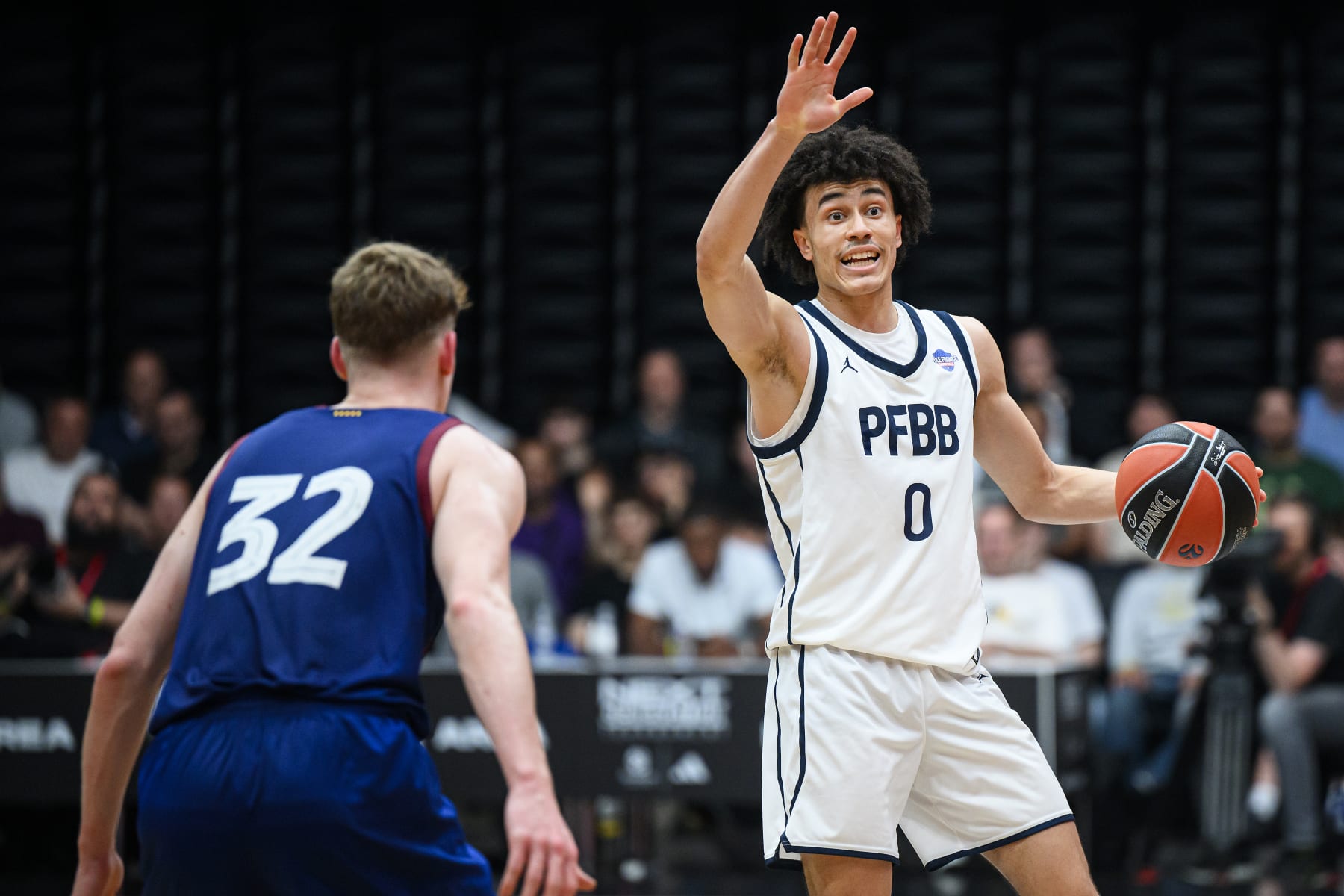 BERLIN, GERMANY - MAY 25: Nolan Traore, #0 of U18 PFBB INSEP Paris in action during U18 PFBB INSEP Paris v U18 FC Barcelona during the EB Adidas Next Generation Tournament at Uber Eats Music Hall on May 25, 2024 in Berlin, Germany. (Photo by David Grau/Euroleague Basketball via Getty Images)
