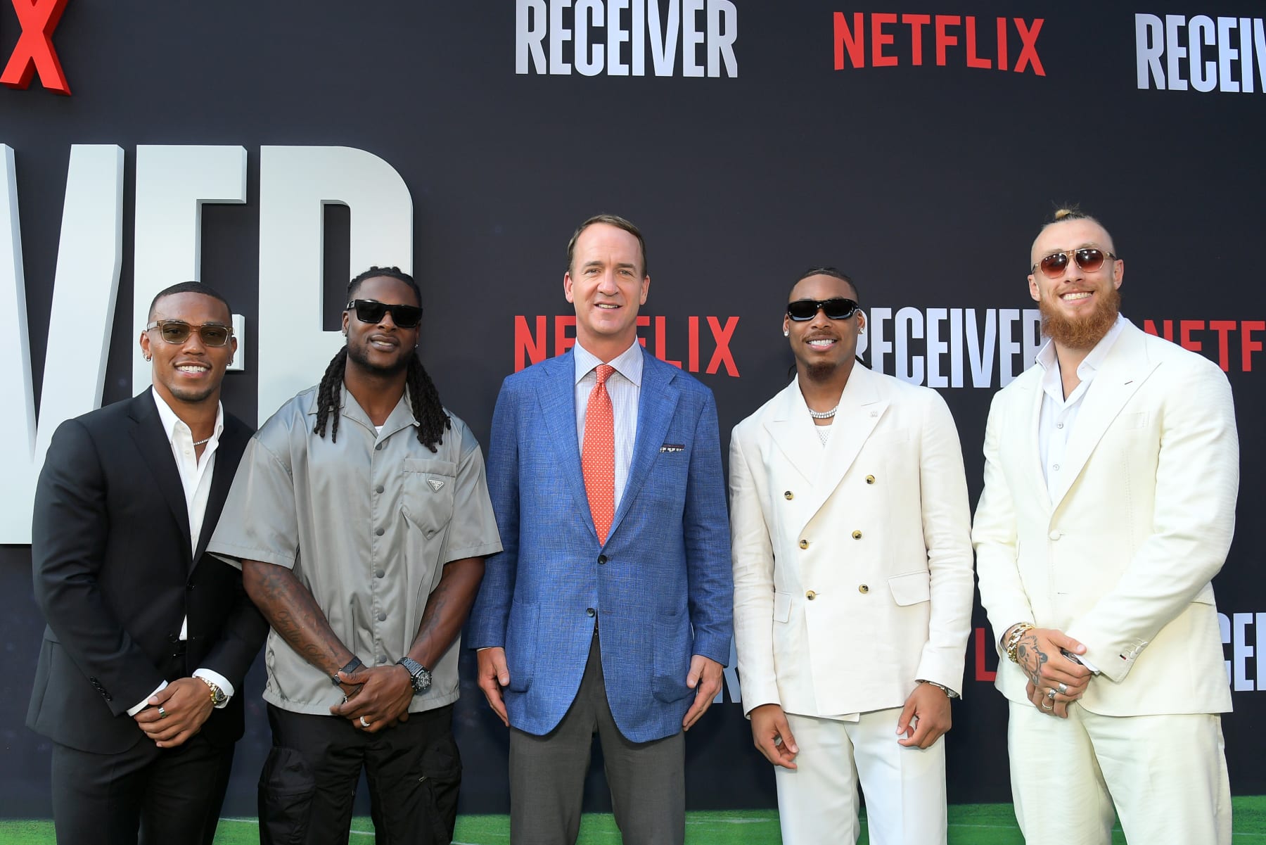 LOS ANGELES, CALIFORNIA - JULY 09: (L-R) Amon-Ra St. Brown, Davante Adams, Peyton Manning, Justin Jefferson and George Kittle attend Netflix's Receiver Premiere at Netflix Tudum Theater on July 09, 2024 in Los Angeles, California. (Photo by Charley Gallay/Getty Images for Netflix)
