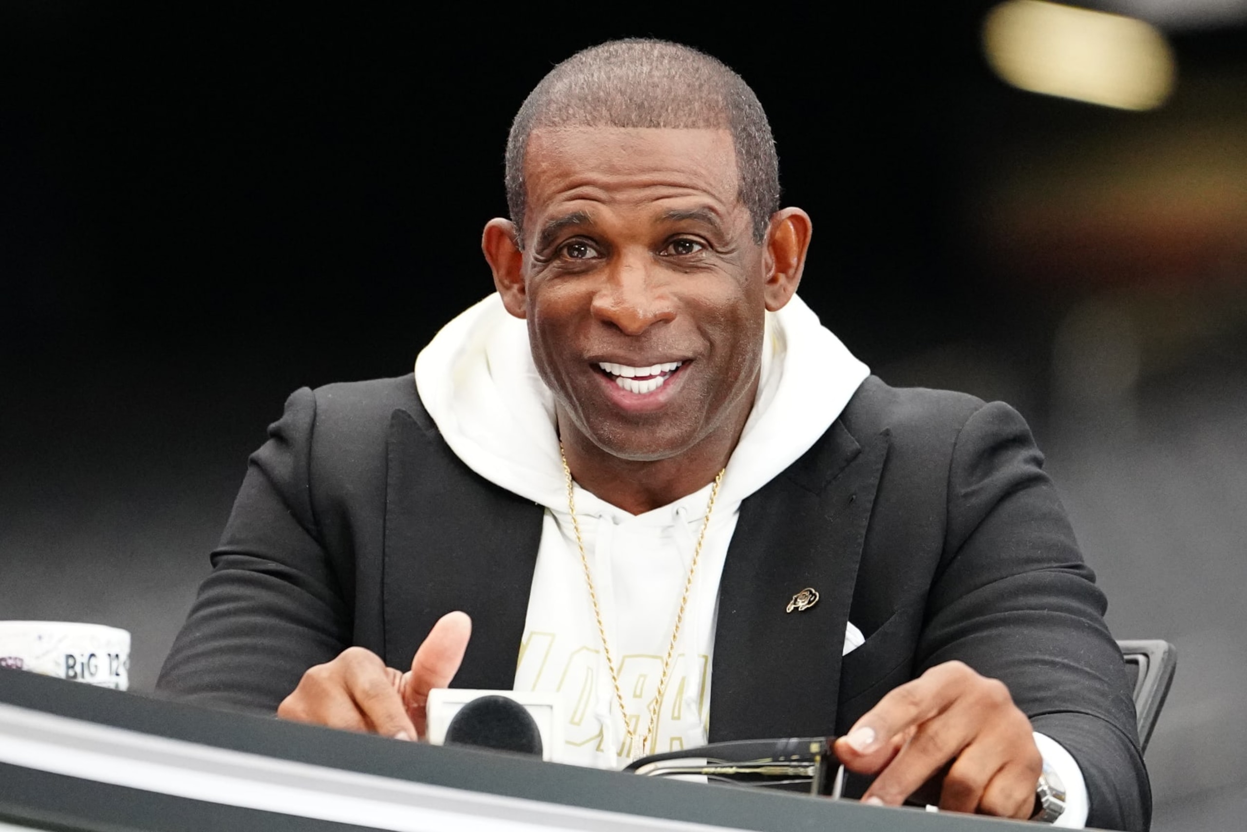 LAS VEGAS, NEVADA - JULY 10: Head Coach Deion Sanders of the Colorado Buffaloes speaks at the 2024 Big 12 Conference Football Media Day at Allegiant Stadium on July 10, 2024 in Las Vegas, Nevada. (Photo by Louis Grasse/Getty Images)