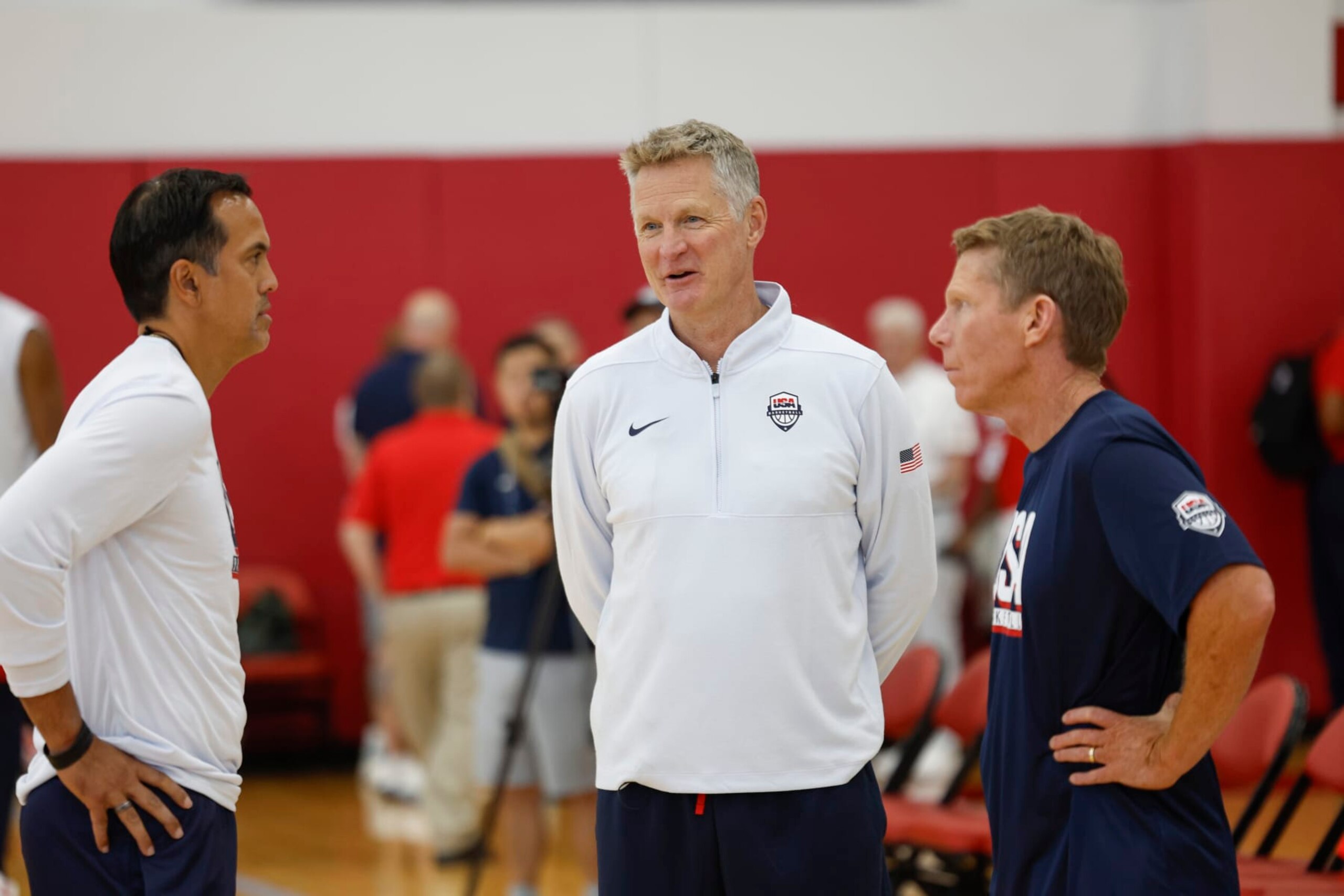 LAS VEGAS, NV - JULY 8:   Erik Spoelstra Assistant Coach of the USAB Mens Team, Steve Kerr Head Coach of the USAB Mens Team, and Mark Few Assistant Coach of the USAB Mens Team look on during the USAB Men's Training Camp on July 8, 2024 at UNLV in Las Vegas, Nevada. NOTE TO USER: User expressly acknowledges and agrees that, by downloading and or using this photograph, User is consenting to the terms and conditions of the Getty Images License Agreement. Mandatory Copyright Notice: Copyright 2024 NBAE (Photo by Mercedes Oliver/NBAE via Getty Images)
