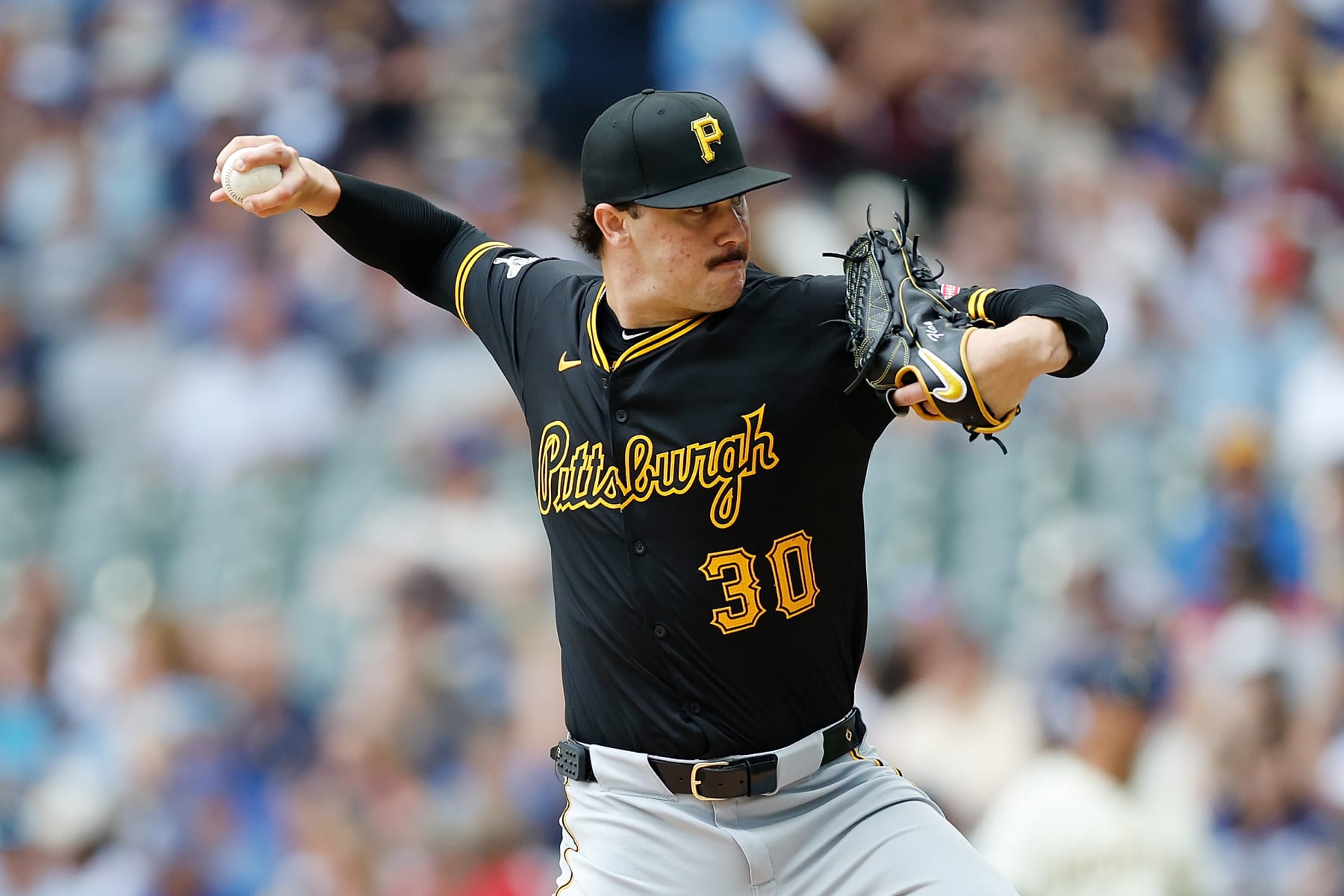 MILWAUKEE, WISCONSIN - JULY 11: Paul Skenes #30 of the Pittsburgh Pirates throws a pitch in the first inning \amb at American Family Field on July 11, 2024 in Milwaukee, Wisconsin. (Photo by John Fisher/Getty Images)
