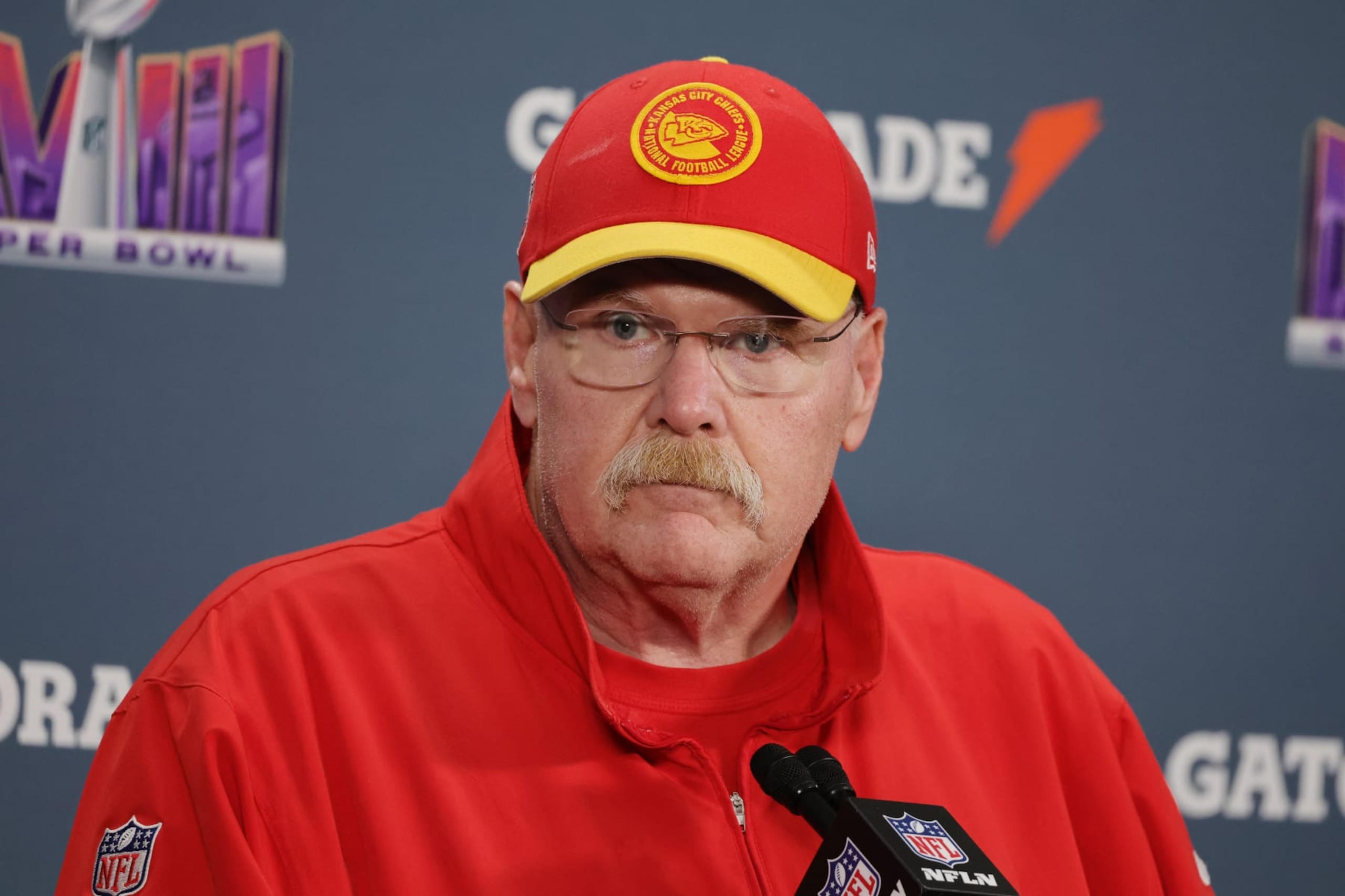 LAS VEGAS, NEVADA - FEBRUARY 11: Head coach Andy Reid of the Kansas City Chiefs speaks with the media after the Kansas City Chiefs defeated the San Francisco 49ers 25-22 in overtime during Super Bowl LVIII at Allegiant Stadium on February 11, 2024 in Las Vegas, Nevada. (Photo by Ethan Miller/Getty Images) LAS VEGAS, NEVADA - FEBRUARY 11: Head coach Andy Reid of the Kansas City Chiefs speaks with the media after the Kansas City Chiefs defeated the San Francisco 49ers 25-22 in overtime during Super Bowl LVIII at Allegiant Stadium on February 11, 2024 in Las Vegas, Nevada. (Photo by Ethan Miller/Getty Images)