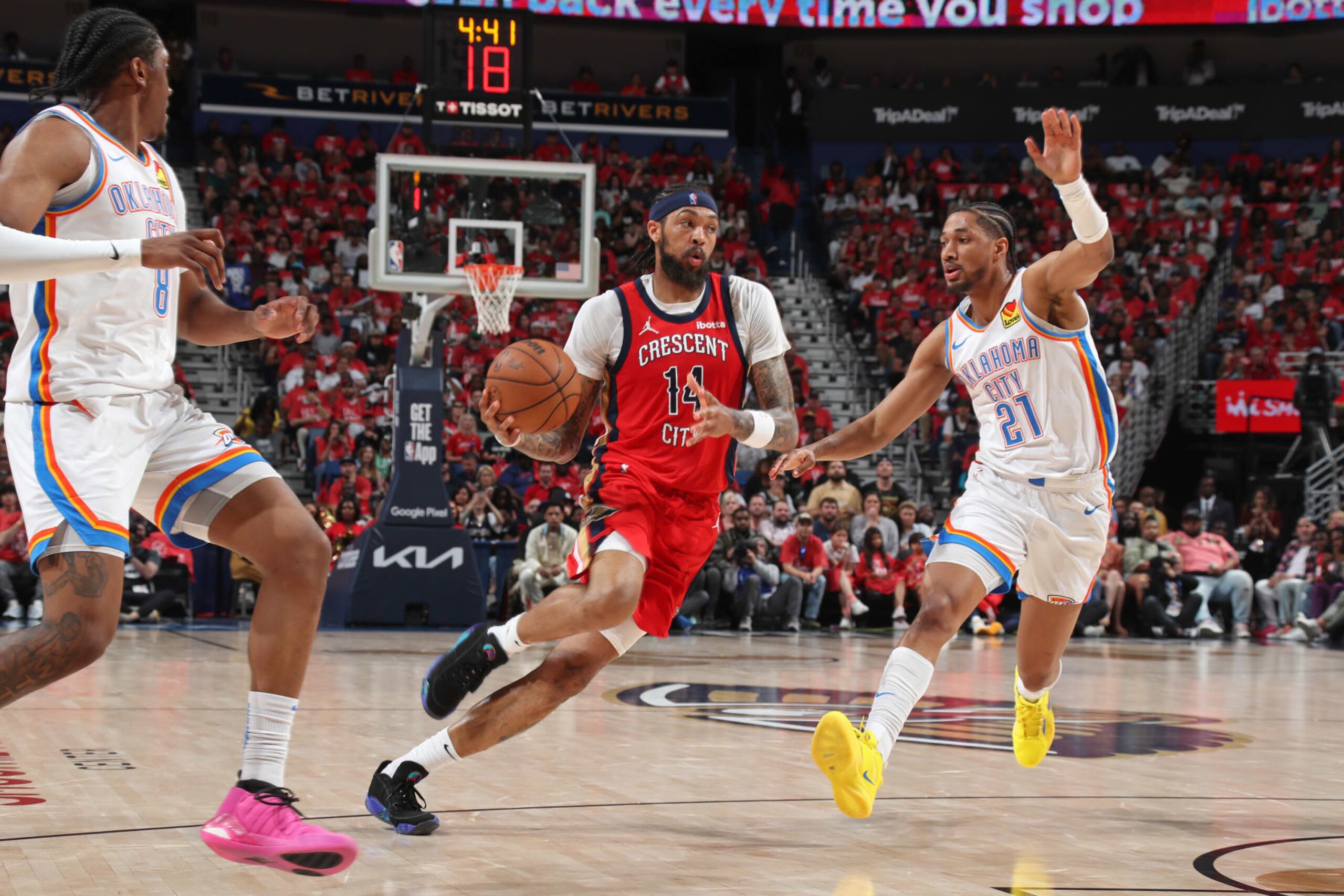 NEW ORLEANS, LA - APRIL 27: Brandon Ingram #14 of the New Orleans Pelicans handles the ball during the game against the Oklahoma City Thunder during Round 1 Game 3 of the 2024 NBA Playoffs on April 27, 2024 at the Smoothie King Center in New Orleans, Louisiana. NOTE TO USER: User expressly acknowledges and agrees that, by downloading and or using this Photograph, user is consenting to the terms and conditions of the Getty Images License Agreement. Mandatory Copyright Notice: Copyright 2024 NBAE (Photo by Layne Murdoch Jr./NBAE via Getty Images)