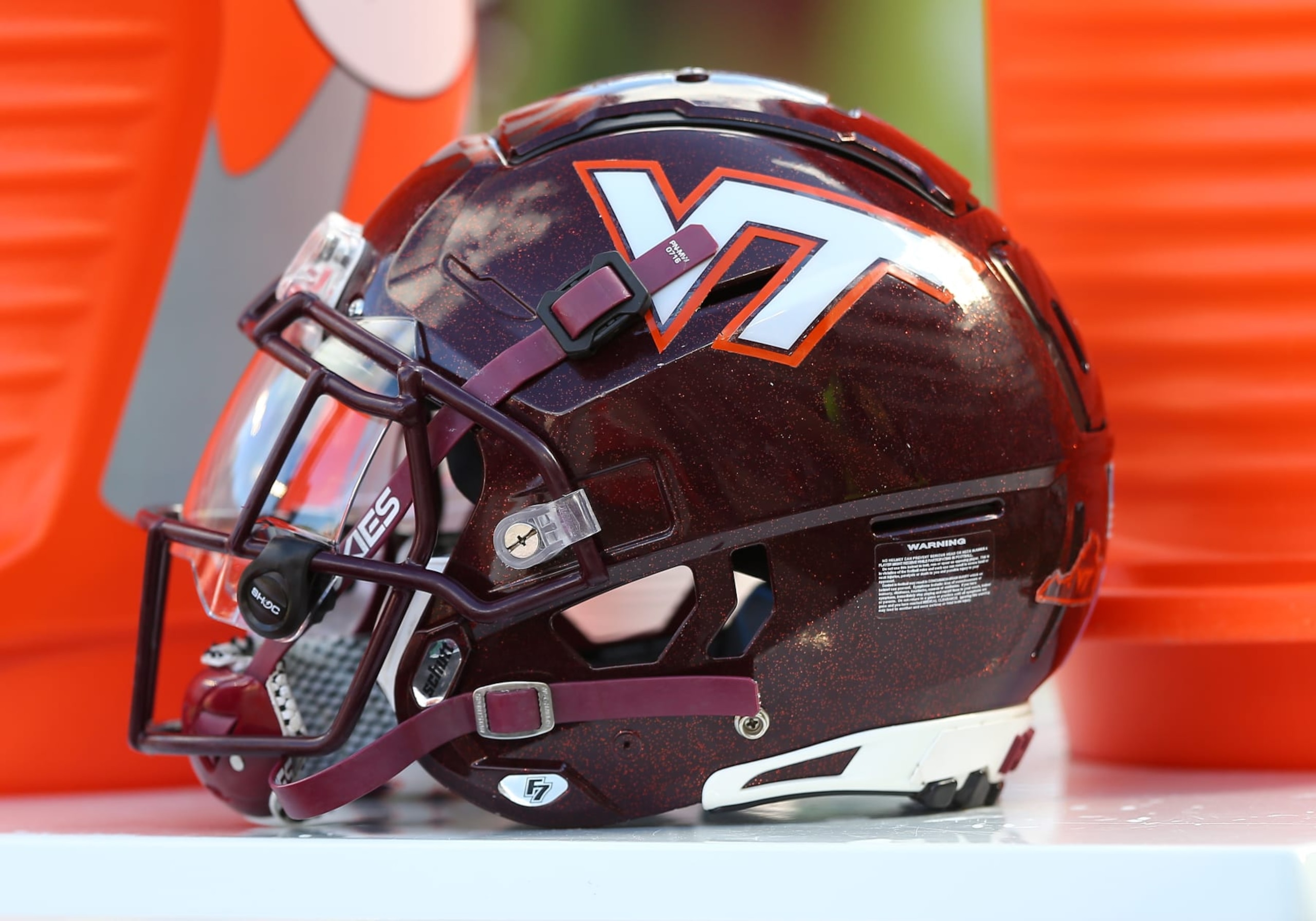 BLACKSBURG, VA - OCTOBER 14: Virginia Tech Hokies helmet resting on a cooler during a college football game between the Wake Forest Demon Deacons and the Virginia Tech Hokies on October 14, 2023, at Lane Stadium in Blacksburg, VA. (Photo by Lee Coleman/Icon Sportswire via Getty Images)