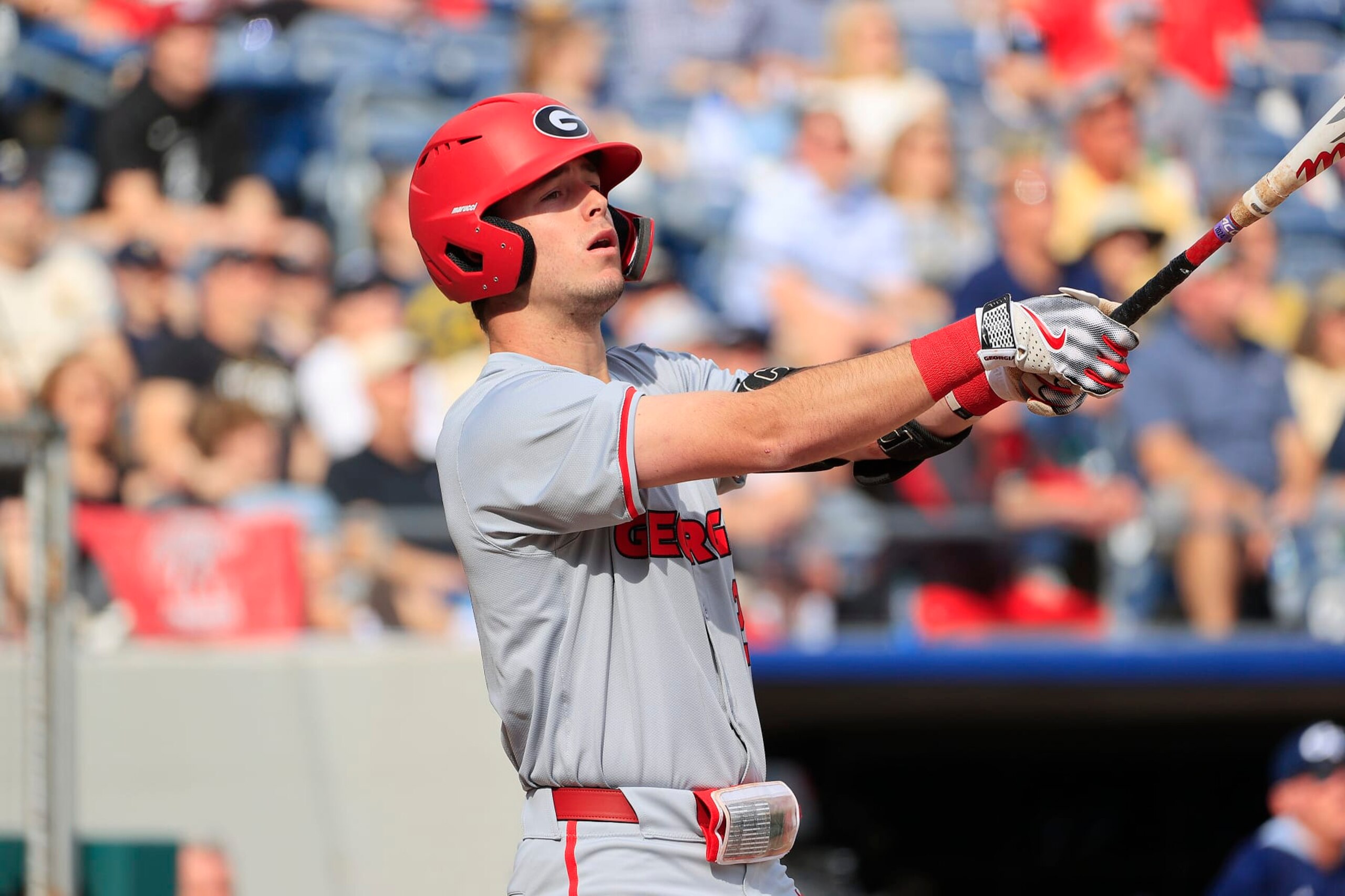 LAWRENCEVILLE, GA - MARCH 03: Georgia first baseman Charlie Condon (24) bats during the men's college baseball game between the Georgia Bulldogs and the Georgia Tech Yellow Jackets on March 03, 2024 at Coolray Field in Lawrenceville, GA.  (Photo by David J. Griffin/Icon Sportswire via Getty Images)