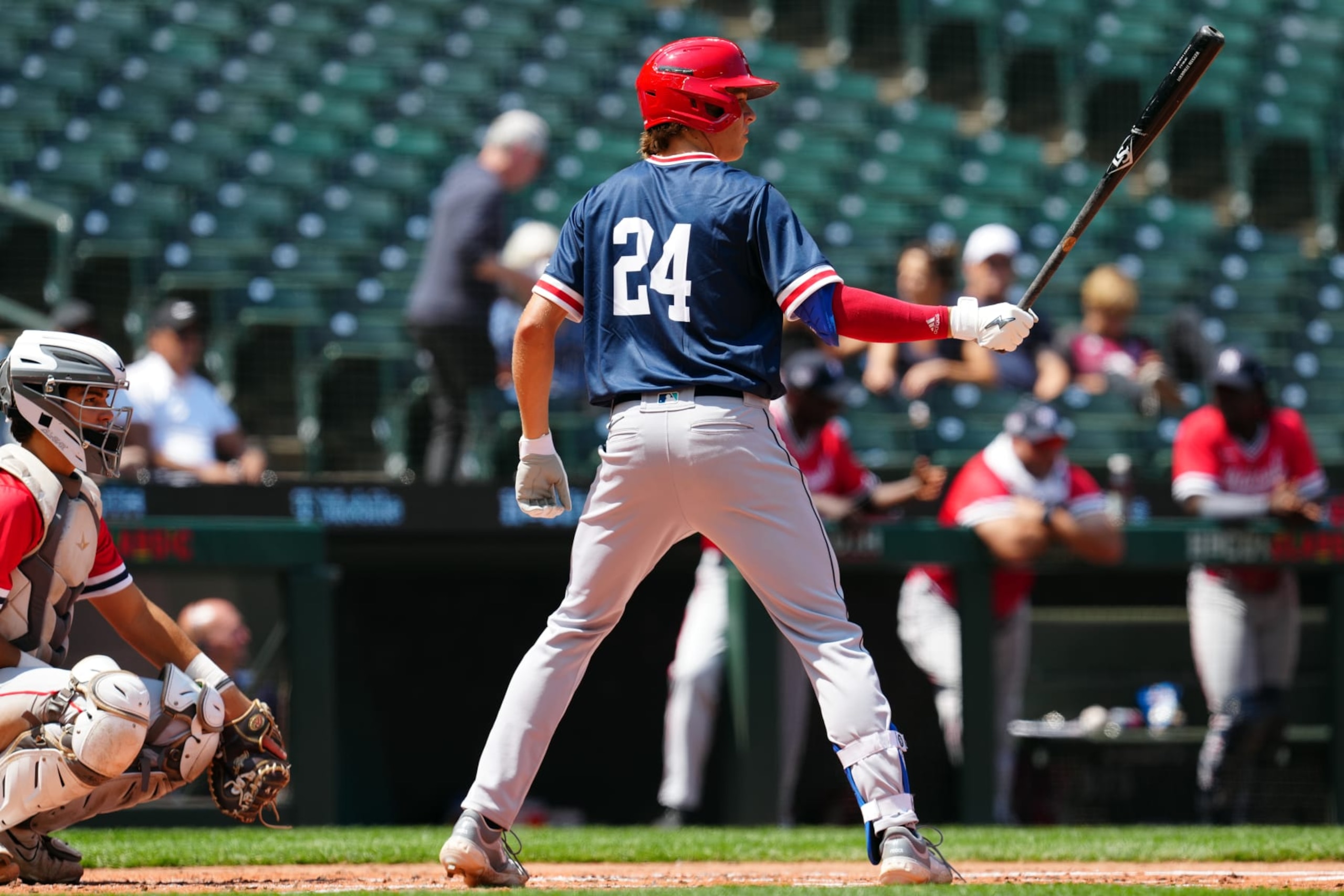 SEATTLE, WA - JULY 07:  Bryce Rainer #24 of the American League Team bats during the MLB-USA Baseball High School All-American Game at T-Mobile Park on Friday, July 7, 2023 in Seattle, Washington. (Photo by Mary DeCicco/MLB Photos via Getty Images)
