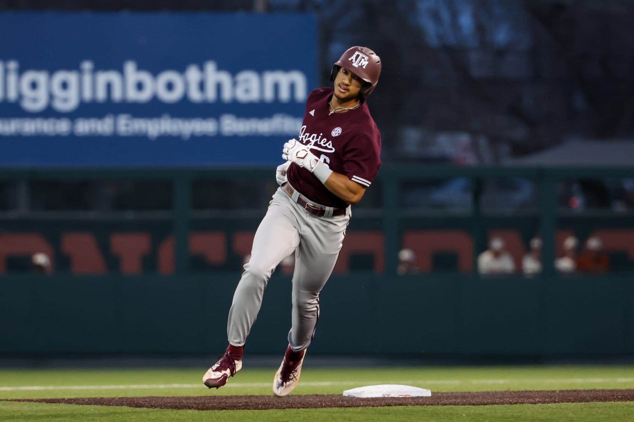 AUSTIN, TX - MARCH 05: Texas A&M outfielder Braden Montgomery (6) rounds second base after hitting a home run during the college baseball game between Texas Longhorns and Texas A&M Aggies on March 5, 2024, at UFCU Disch-Falk Field in Austin, TX. (Photo by David Buono/Icon Sportswire via Getty Images)