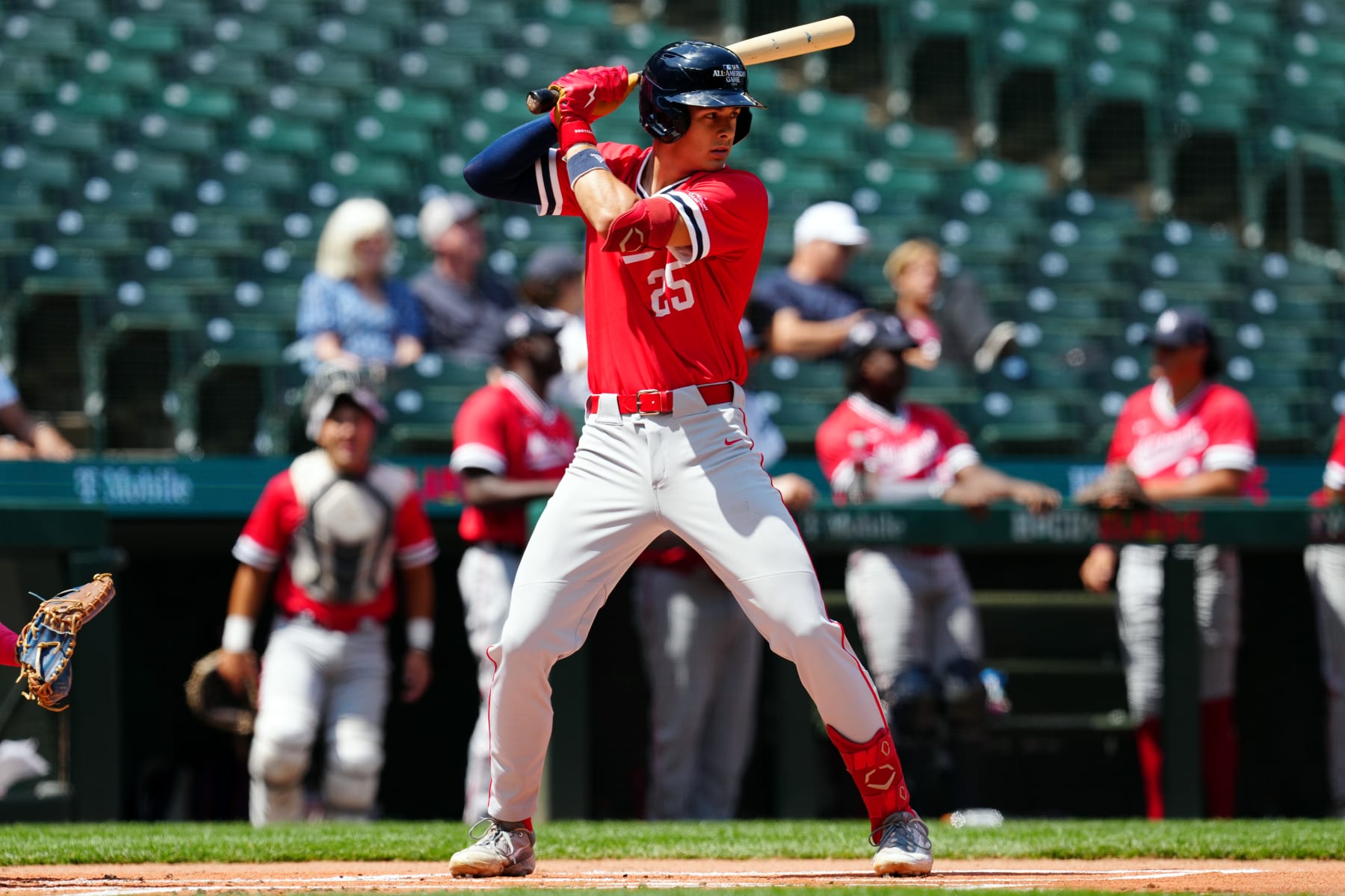 SEATTLE, WA - JULY 07:  Konnor Griffin #25 of the National League Team bats during the MLB-USA Baseball High School All-American Game at T-Mobile Park on Friday, July 7, 2023 in Seattle, Washington. (Photo by Mary DeCicco/MLB Photos via Getty Images)