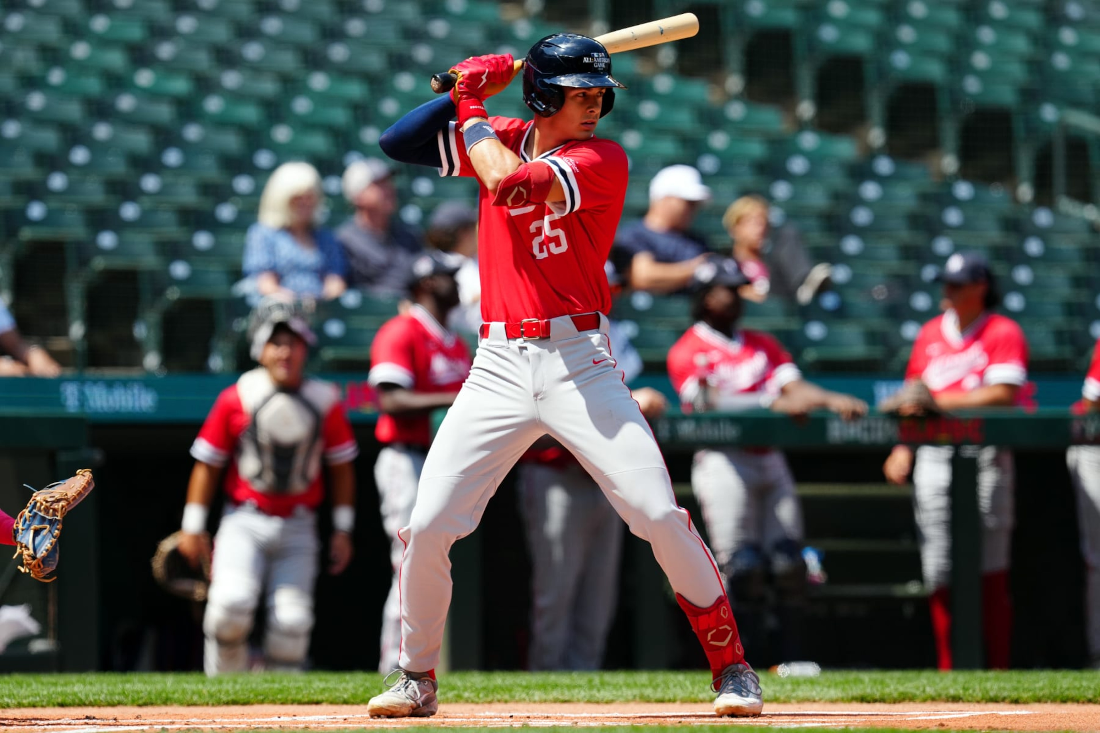 SEATTLE, WA - JULY 07: Konnor Griffin #25 of the National League Team bats during the MLB-USA Baseball High School All-American Game at T-Mobile Park on Friday, July 7, 2023 in Seattle, Washington. (Photo by Mary DeCicco/MLB Photos via Getty Images) SEATTLE, WA - JULY 07: Konnor Griffin #25 of the National League Team bats during the MLB-USA Baseball High School All-American Game at T-Mobile Park on Friday, July 7, 2023 in Seattle, Washington. (Photo by Mary DeCicco/MLB Photos via Getty Images)
