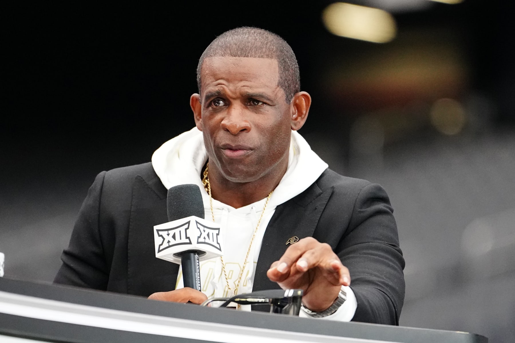 LAS VEGAS, NEVADA - JULY 10: Head Coach Deion Sanders of the Colorado Buffaloes speaks at the 2024 Big 12 Conference Football Media Day at Allegiant Stadium on July 10, 2024 in Las Vegas, Nevada. (Photo by Louis Grasse/Getty Images)