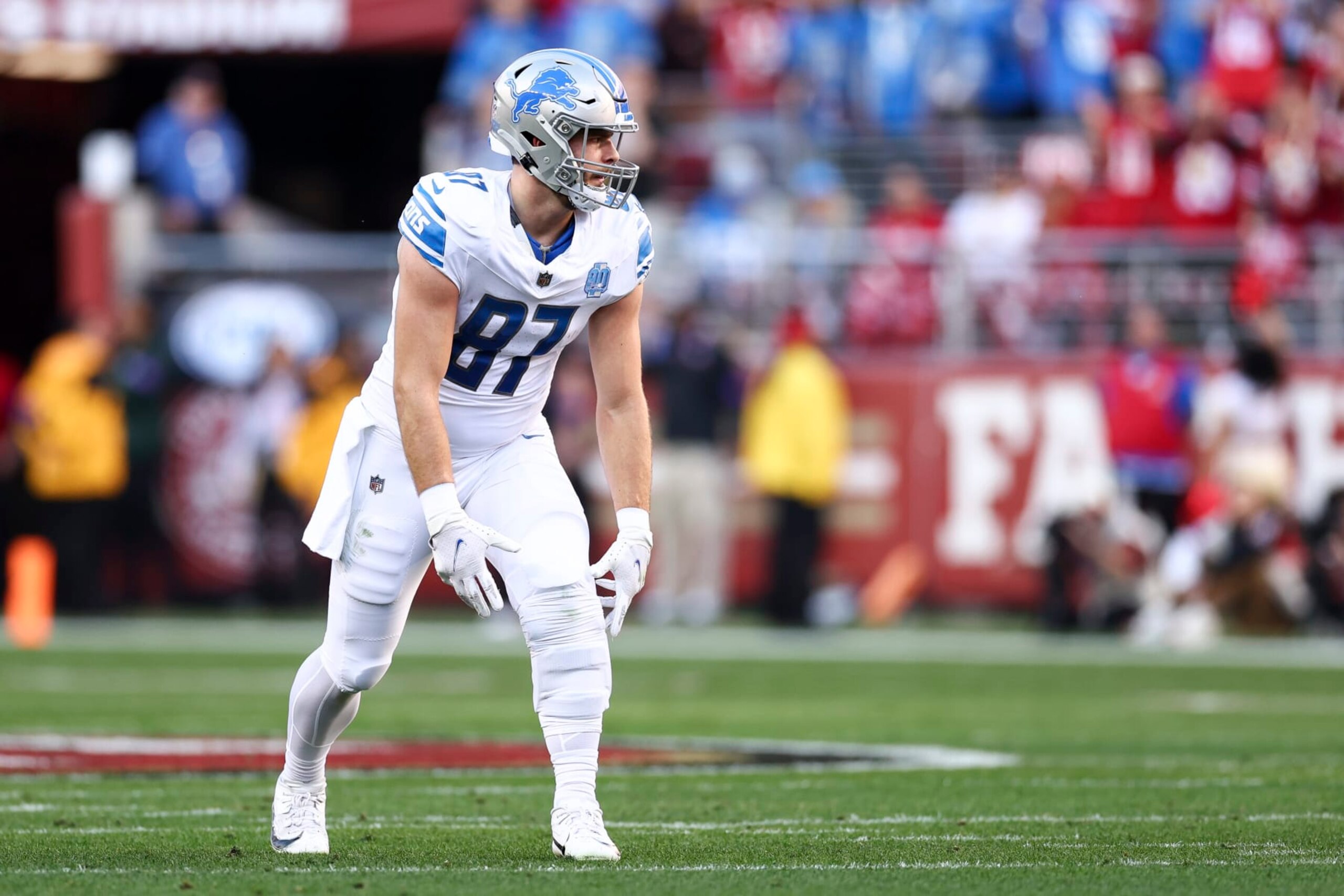 SANTA CLARA, CA - JANUARY 28: Sam LaPorta #87 of the Detroit Lions lines up before a play during the NFC Championship NFL football game against the San Francisco 49ers at Levi's Stadium on January 28, 2024 in Santa Clara, California. (Photo by Kevin Sabitus/Getty Images) SANTA CLARA, CA - JANUARY 28: Sam LaPorta #87 of the Detroit Lions lines up before a play during the NFC Championship NFL football game against the San Francisco 49ers at Levi's Stadium on January 28, 2024 in Santa Clara, California. (Photo by Kevin Sabitus/Getty Images)