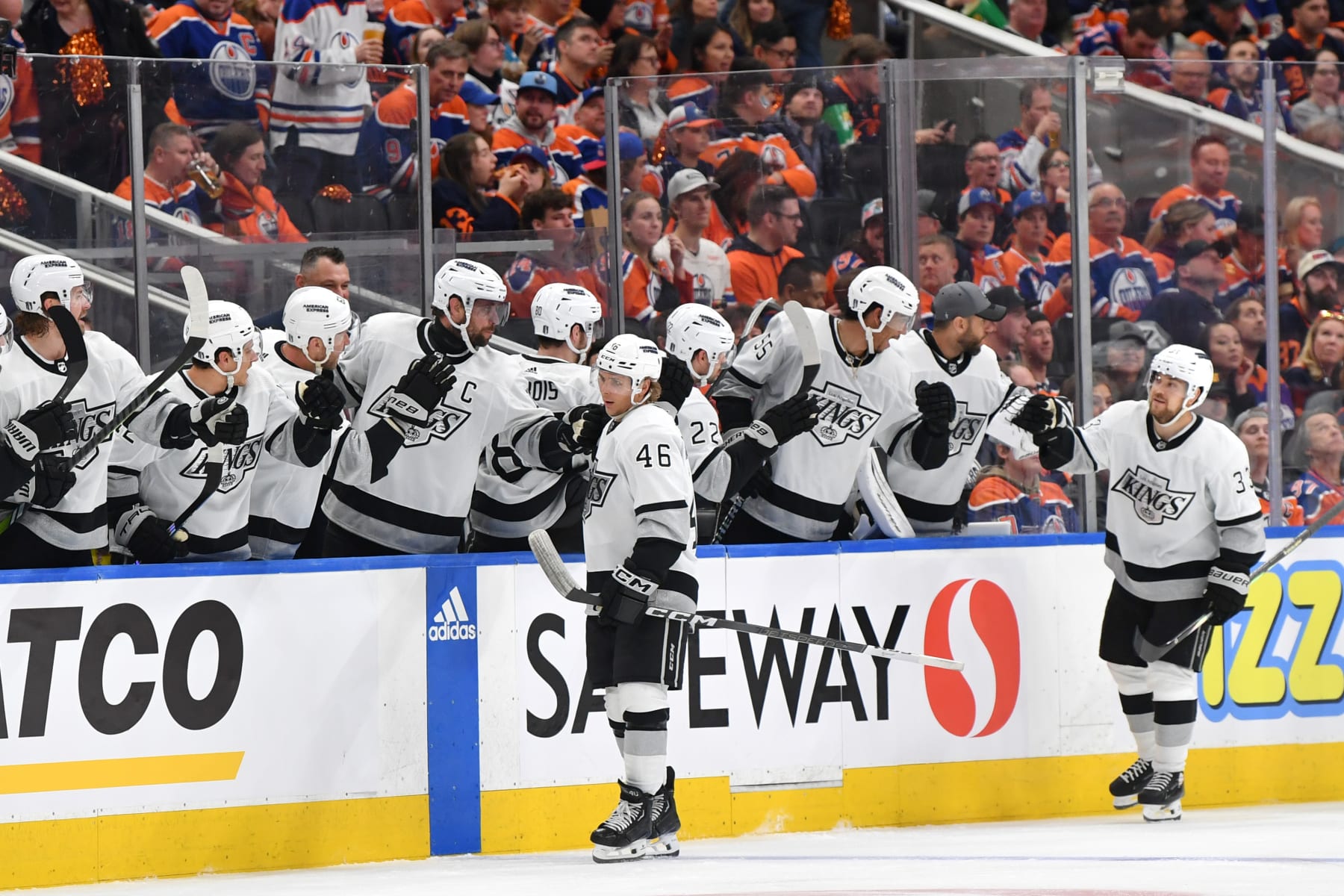 EDMONTON, CANADA - MAY 01: Blake Lizotte #46 of the Los Angeles Kings celebrates his second-period goal against the Edmonton Oilers with his teammates at the bench in Game Five of the First Round of the 2024 Stanley Cup Playoffs at Rogers Place on May 1, 2024, in Edmonton, Alberta, Canada. (Photo by Andy Devlin/NHLI via Getty Images)