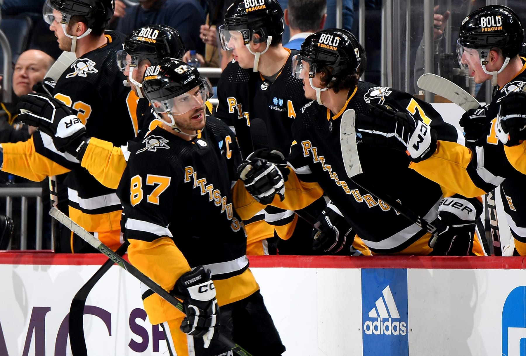 PITTSBURGH, PA - APRIL 06: Sidney Crosby #87 of the Pittsburgh Penguins celebrates his second period goal against the Detroit Red Wings at PPG PAINTS Arena on April 6, 2024 in Pittsburgh, Pennsylvania. (Photo by Joe Sargent/NHLI via Getty Images)